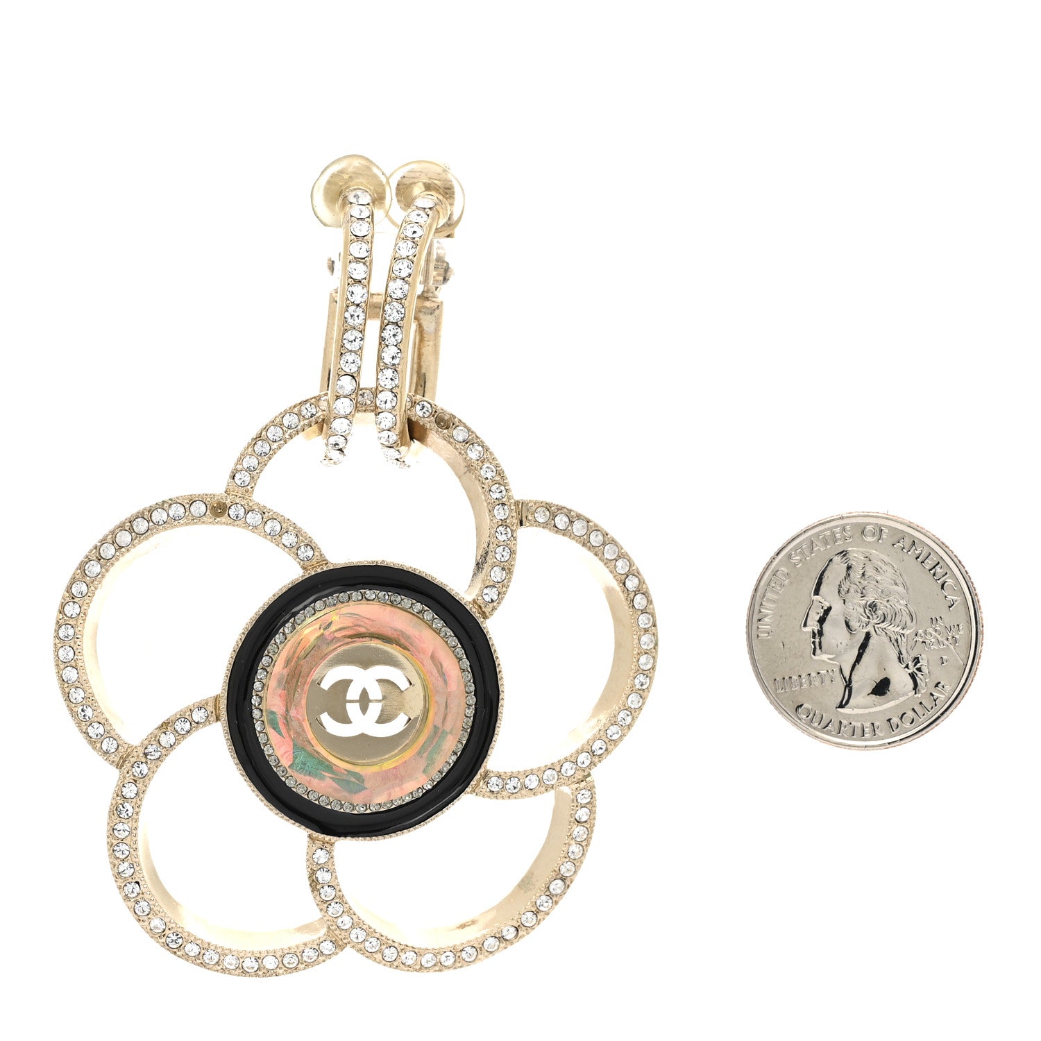 Chanel Resin Crystal CC Camellia Drop Single Clip On Earring Gold Black 2 of 8