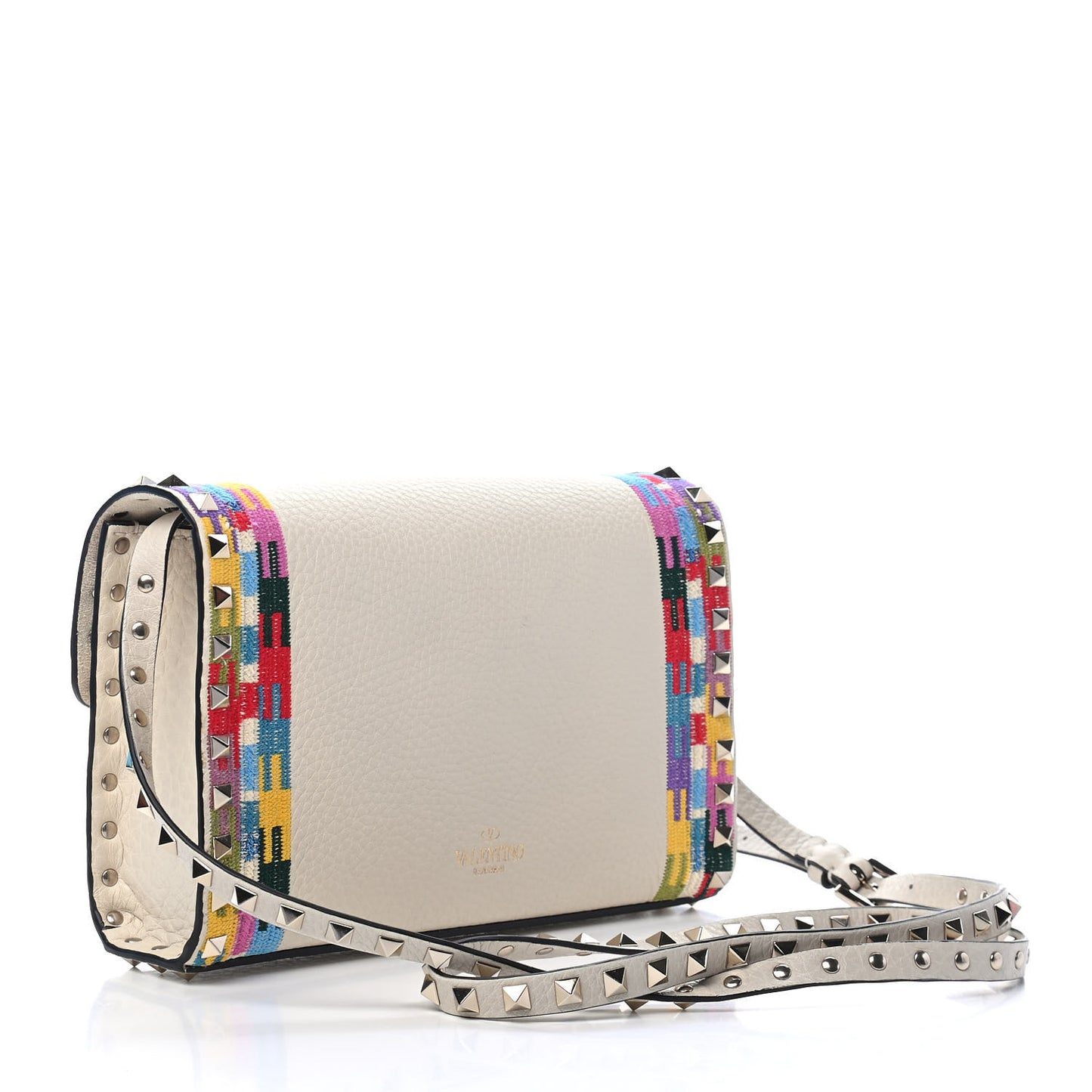Pebbled Calfskin Embroidered Medium Rockstud Flip Lock Crossbody Bag Ivory