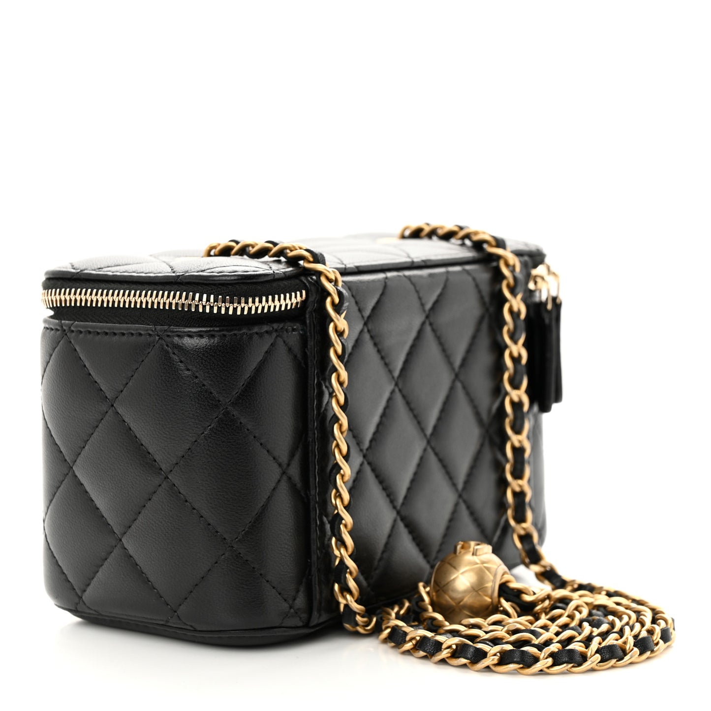 Lambskin Quilted Pearl Crush Small Vanity Case With Chain Black