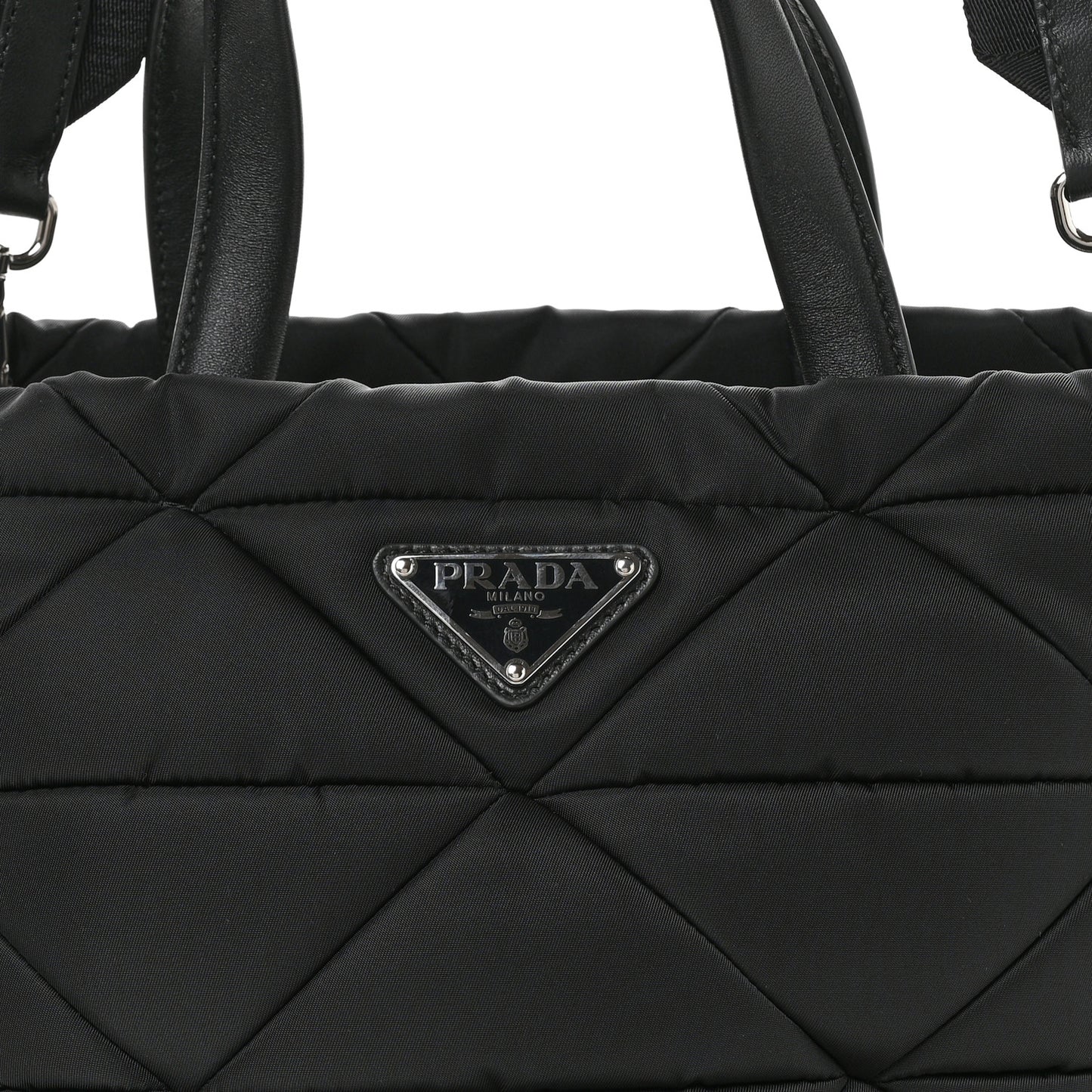 Re-Nylon Nappa Triangle Quilted Padded Double Handled Zip Pocket Tote Black