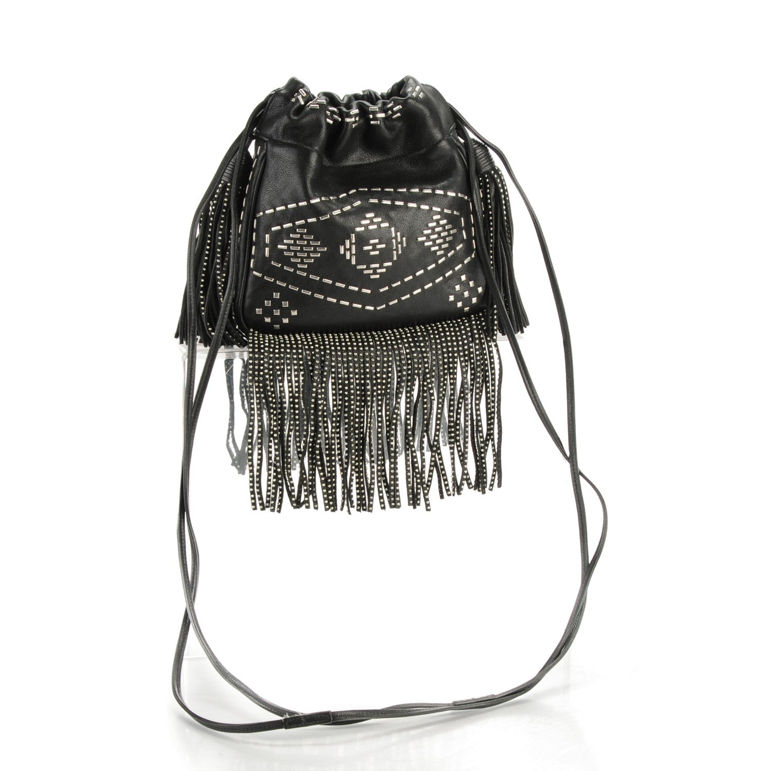 Saint Laurent Lambskin Oxidized Nickel Studded Small Helena Fringed Bucket Bag Black 3 of 7