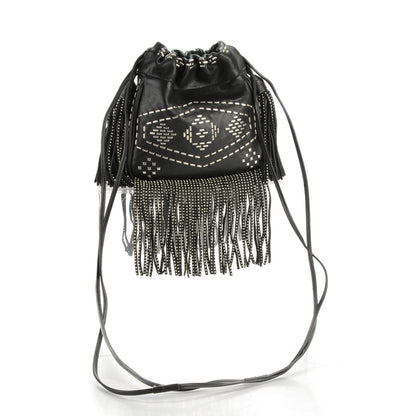 Saint Laurent Lambskin Oxidized Nickel Studded Small Helena Fringed Bucket Bag Black 3 of 7