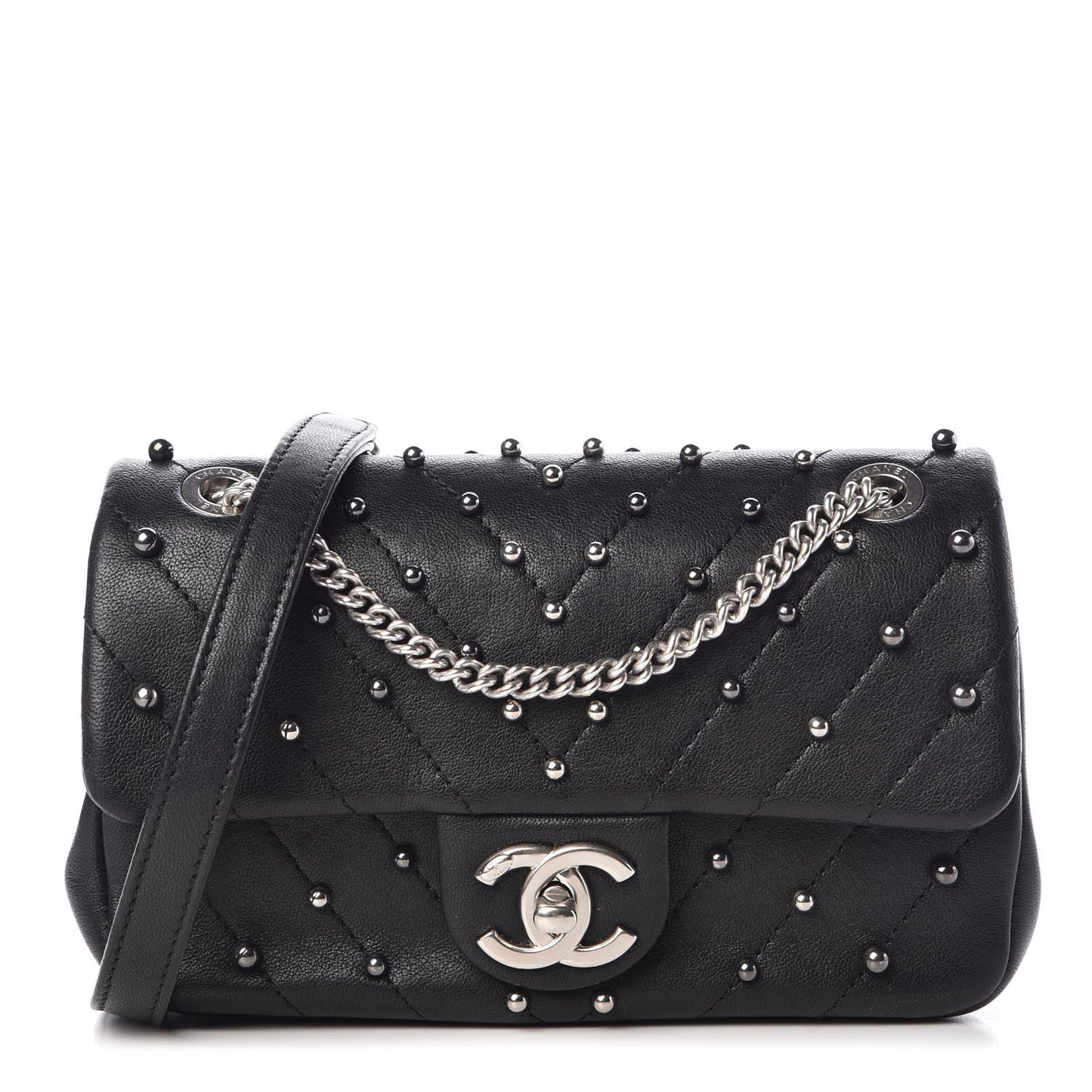 Sheepskin Chevron Quilted Studded Mini Flap Black