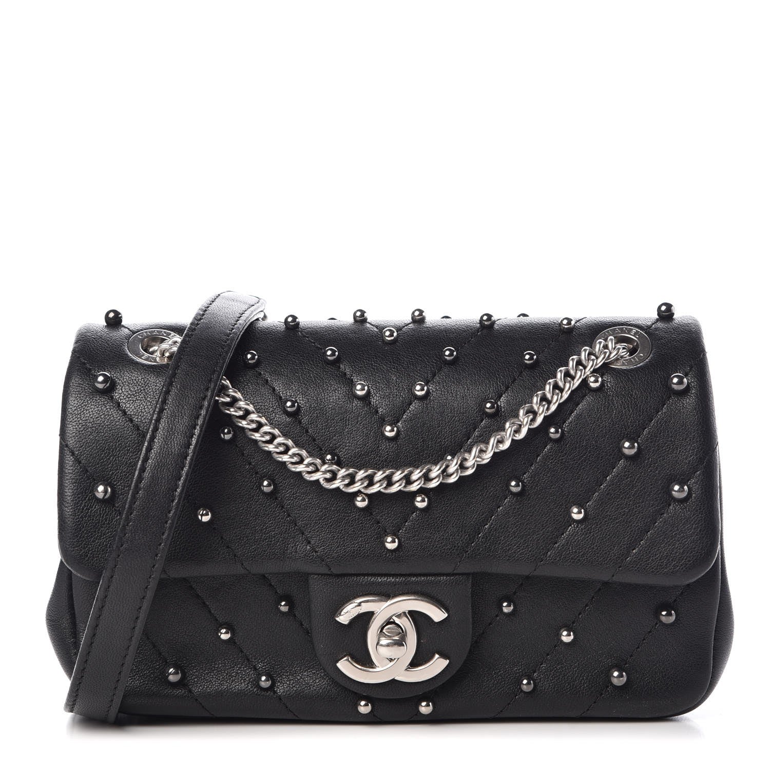 Chanel Sheepskin Chevron Quilted Studded Mini Flap Black 1 of 7