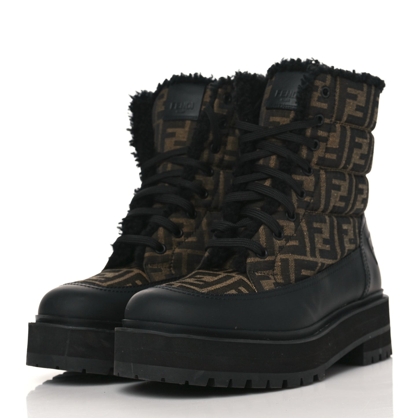 Vitello Nylon Jacquard Fabric FF Signature Biker Boots 39.5 Black Tobacco