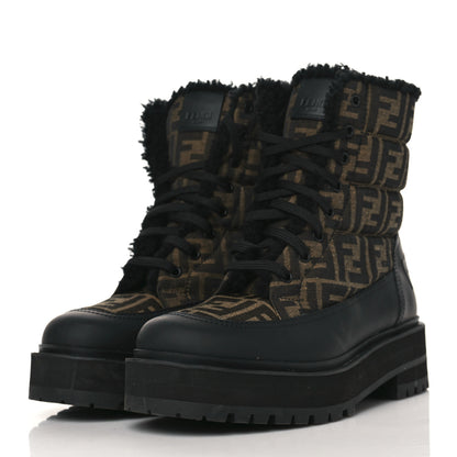 Fendi Vitello Nylon Jacquard Fabric FF Signature Biker Boots 39.5 Black Tobacco 3 of 7
