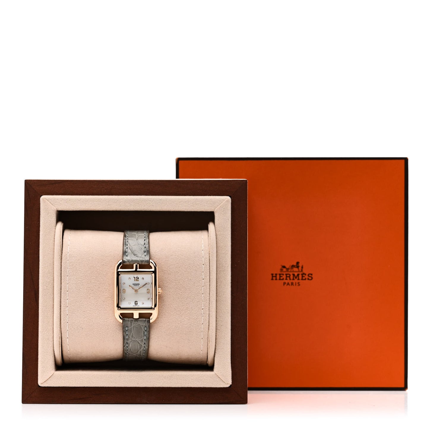 18K Rose Gold Alligator Diamond Mother of Pearl 23mm Cape Cod Quartz Watch Gris Perle