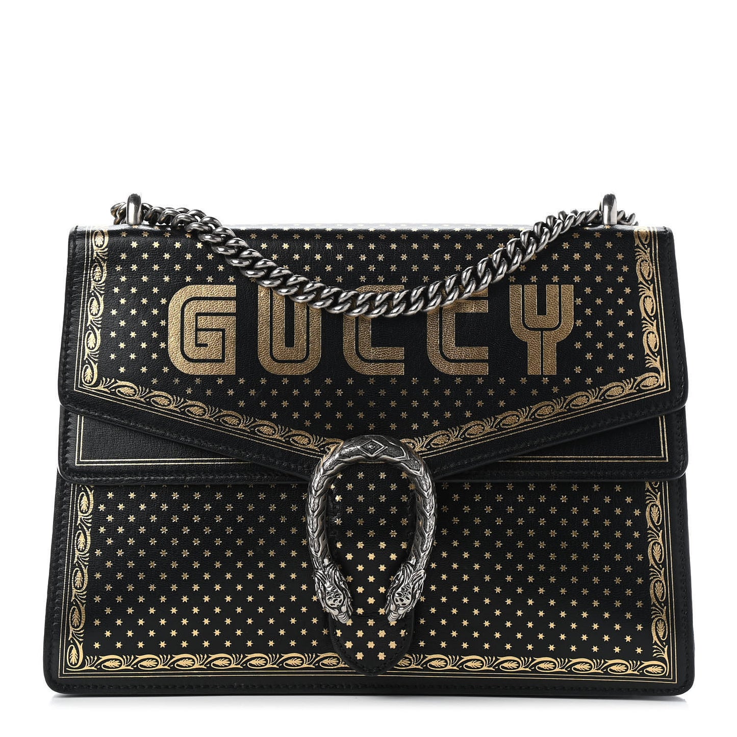 X SEGA Calfskin GUCCY Stars Medium Dionysus Shoulder Bag Black Gold