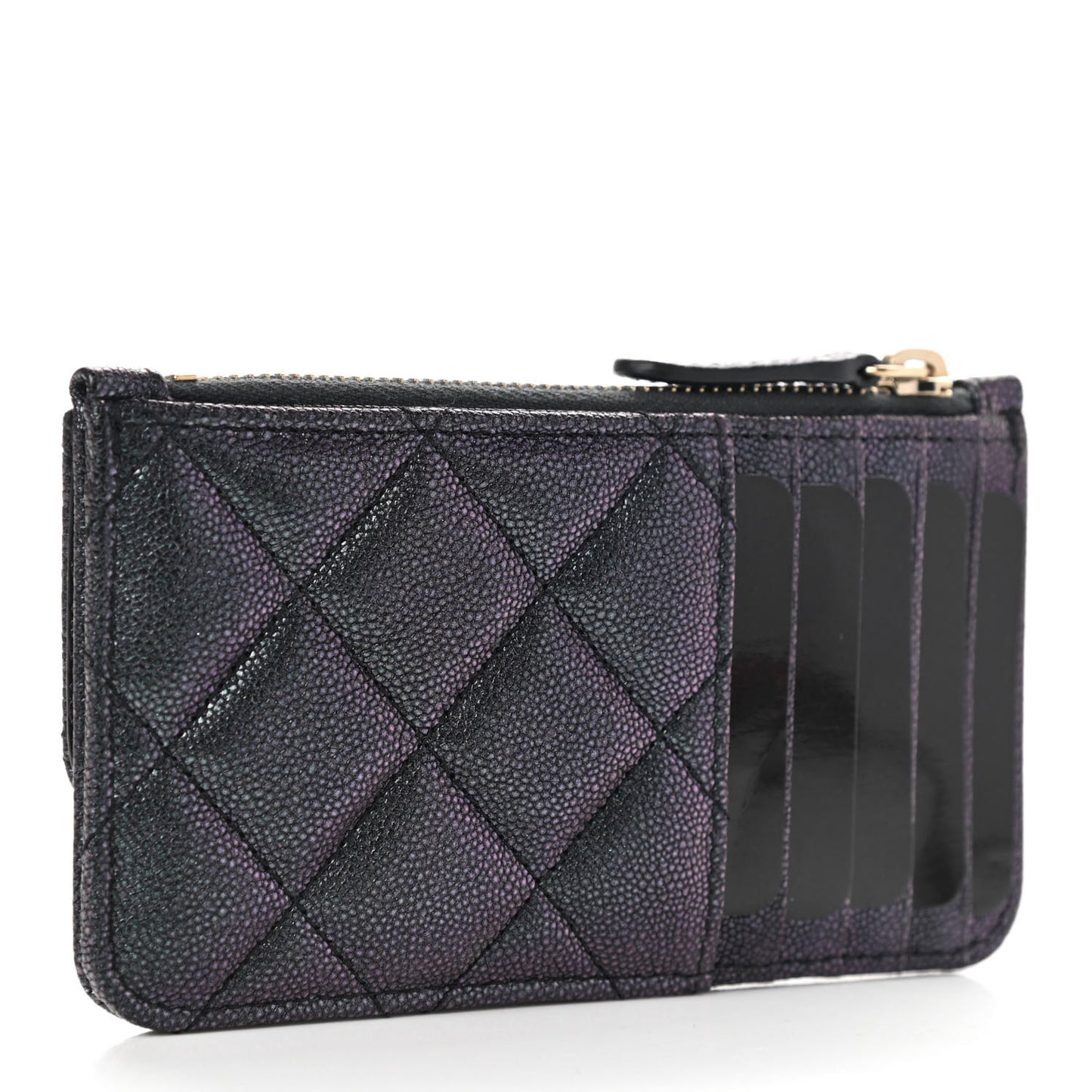 Iridescent Caviar Quilted Flap Zip Card Holder Black