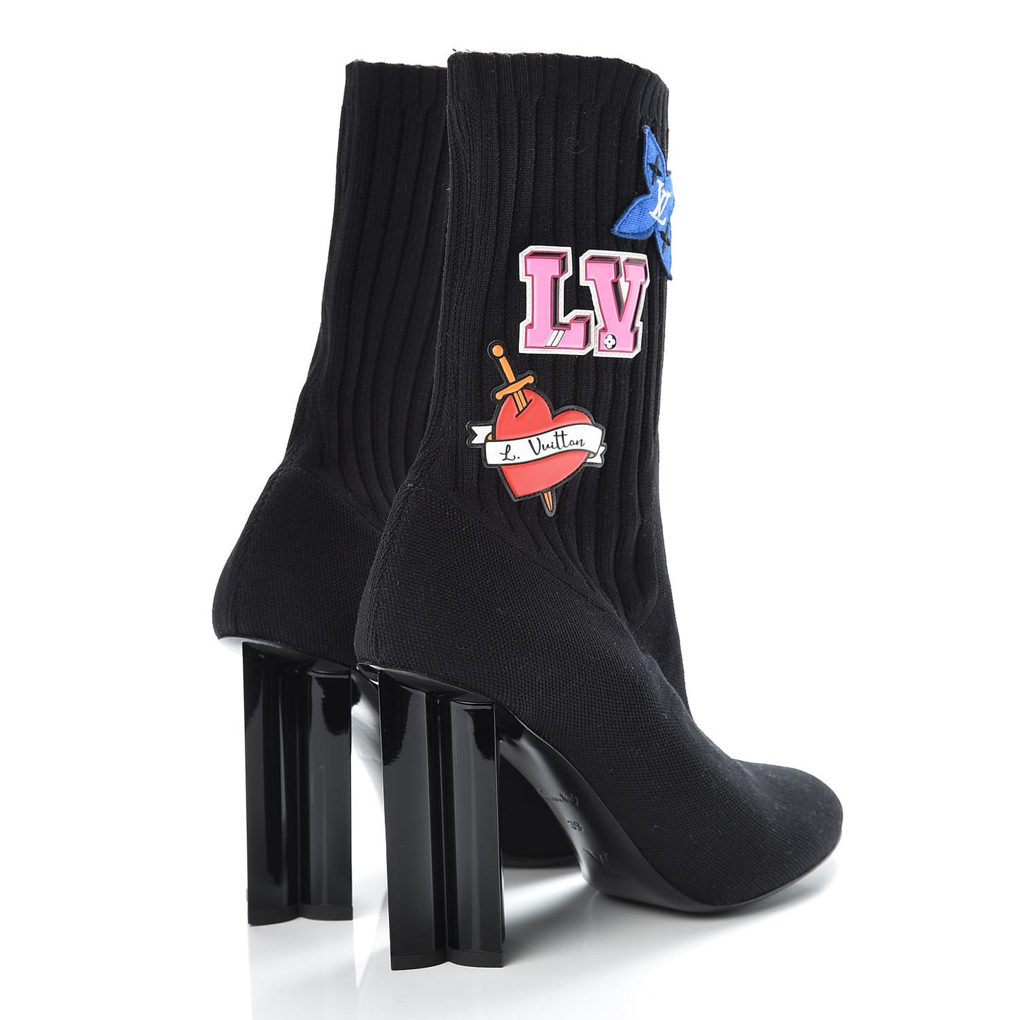 Stretch Fabric LV Black Heart Sock Ankle Boots 39 Black