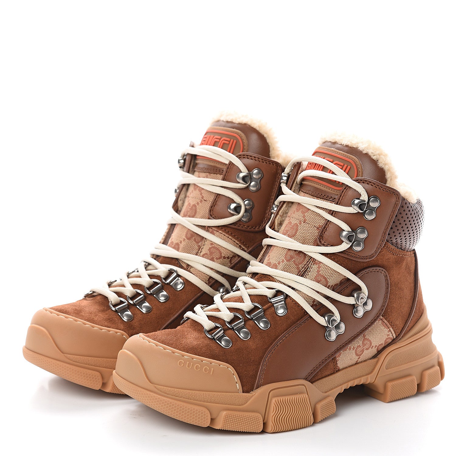 Gucci X SEGA Suede Shearling Calfskin GG Monogram Womens Flashtrek High-Top Sneakers 37.5 New Cuir Beige Ruggine 3 of 6