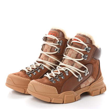Gucci X SEGA Suede Shearling Calfskin GG Monogram Womens Flashtrek High-Top Sneakers 37.5 New Cuir Beige Ruggine 3 of 6