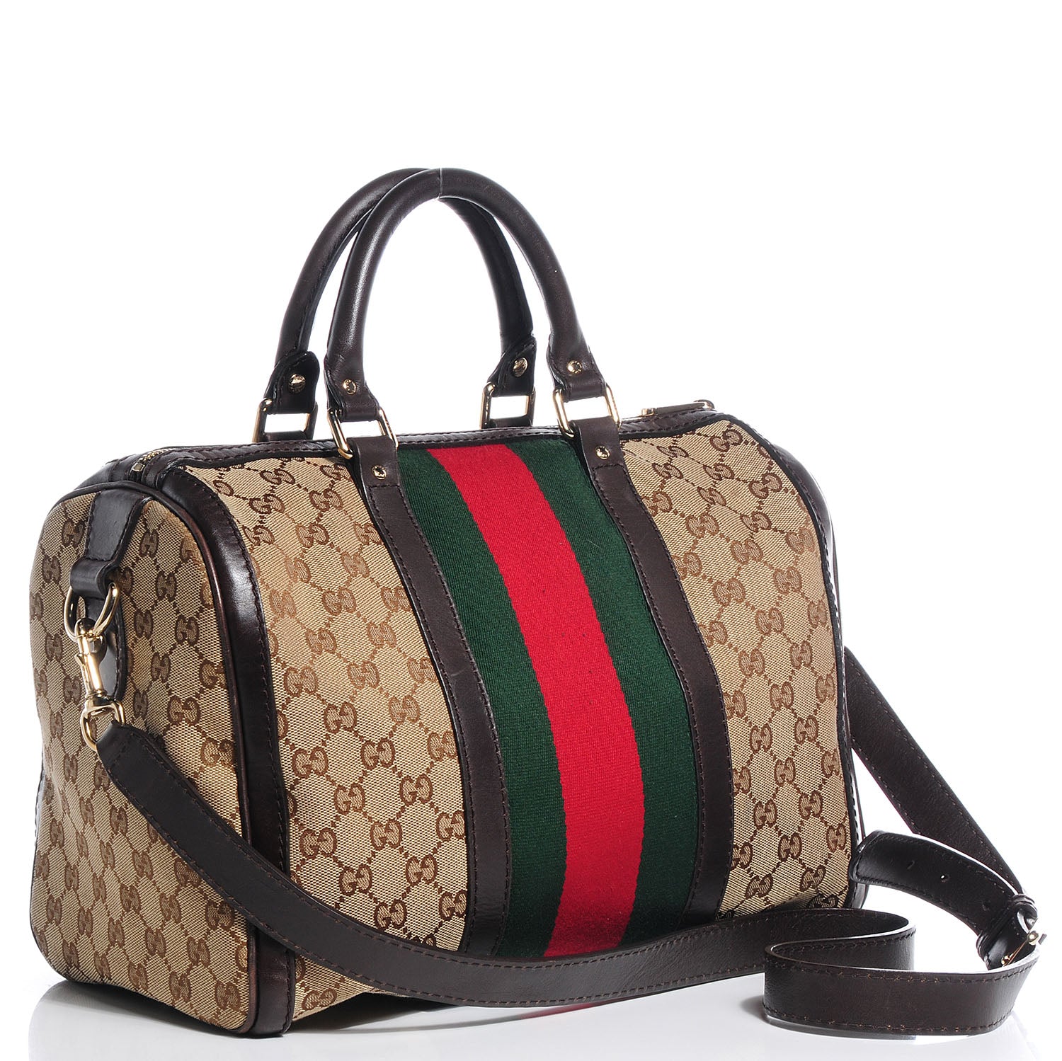 Gucci Monogram Selleria Calfskin Vintage Web Medium Boston Beige Ebony Cocoa 10 of 14
