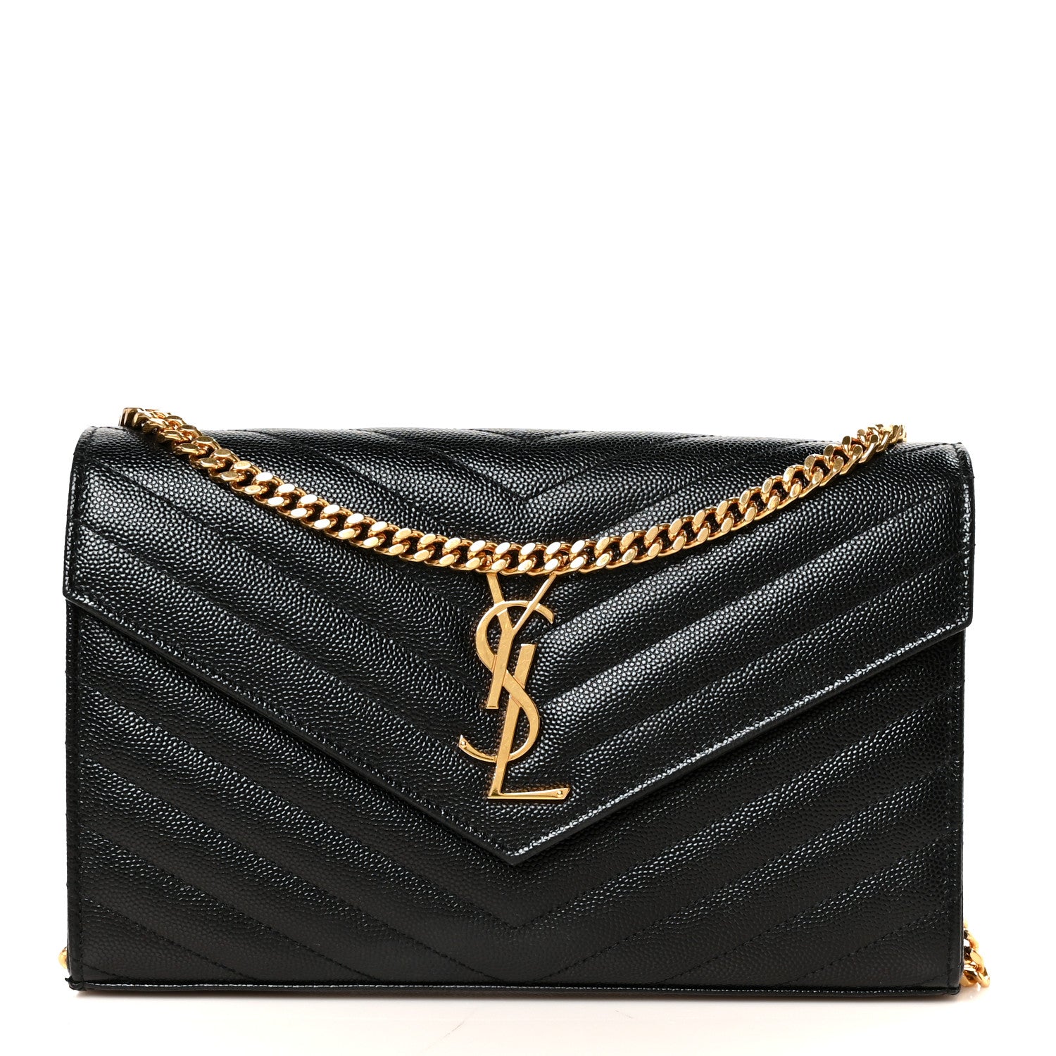 Saint Laurent Grain De Poudre Matelasse Chevron Monogram Chain Wallet Black 1 of 9