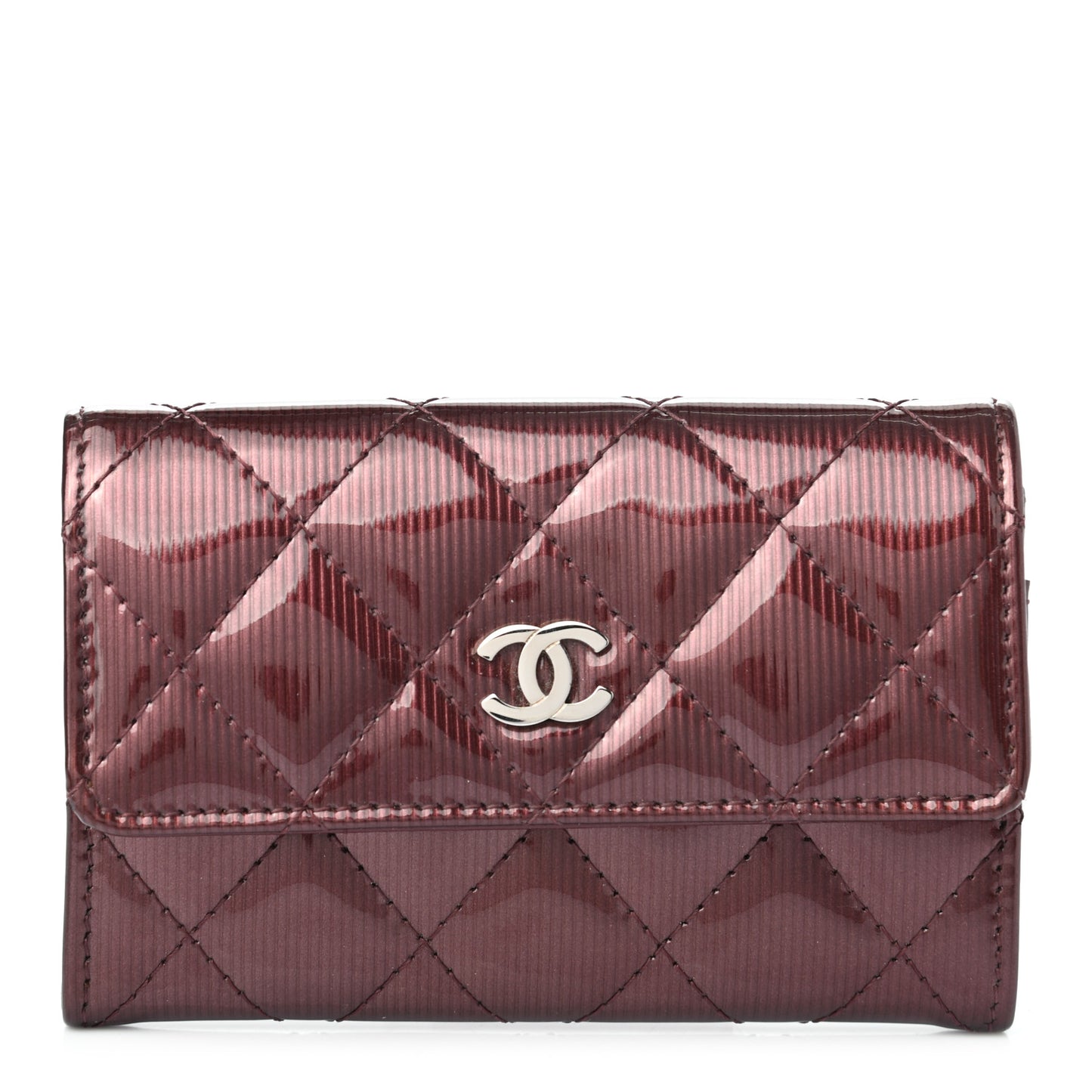 Striated Patent Quilted Flap Card Holder Burgundy