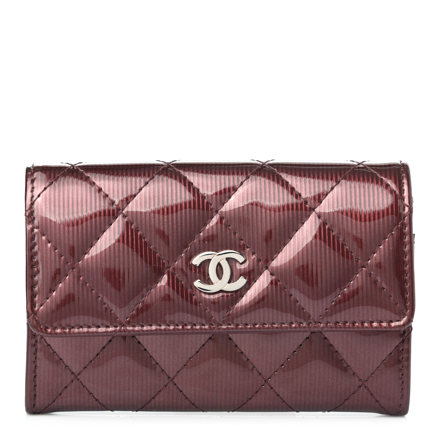 Chanel Striated Patent Quilted Flap Card Holder Burgundy 1 of 7