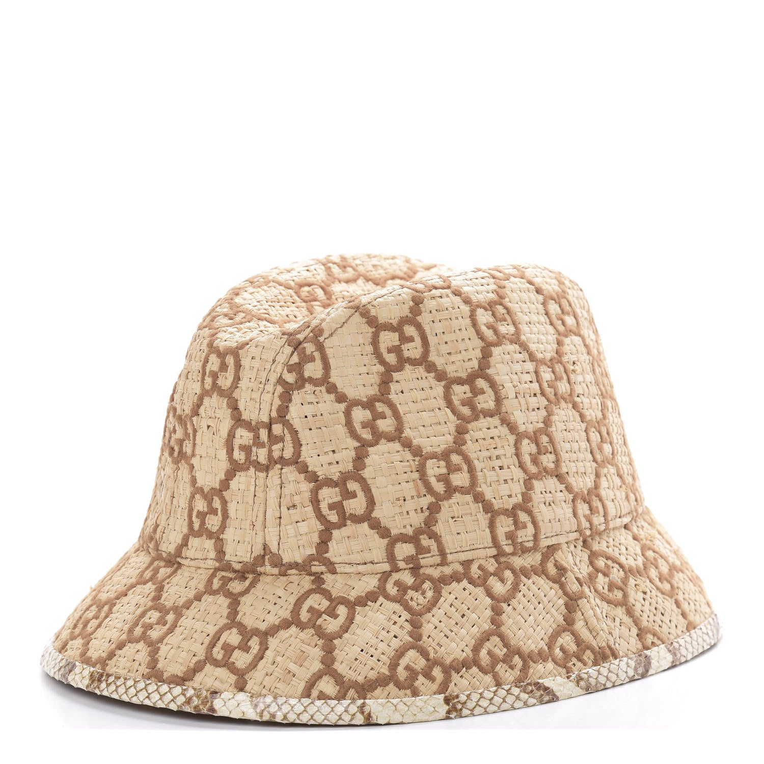 Gucci Raffia Elaphe GG Monogram Embroidered Basmaa Fedora Hat M Ivory Dark Brown 1 of 7