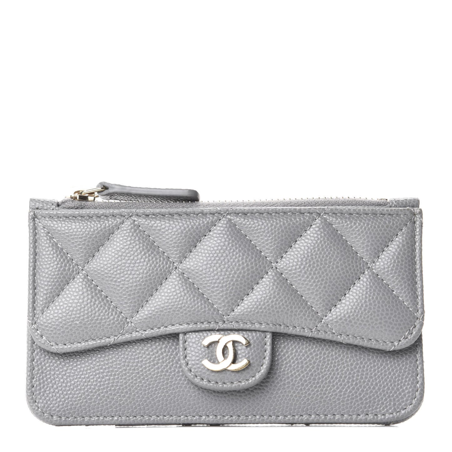 Caviar Quilted Flap Zip Card Holder Grey