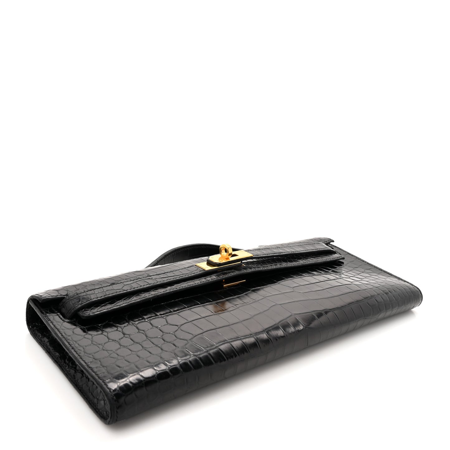 Shiny Porosus Crocodile Kelly Cut Pochette Black