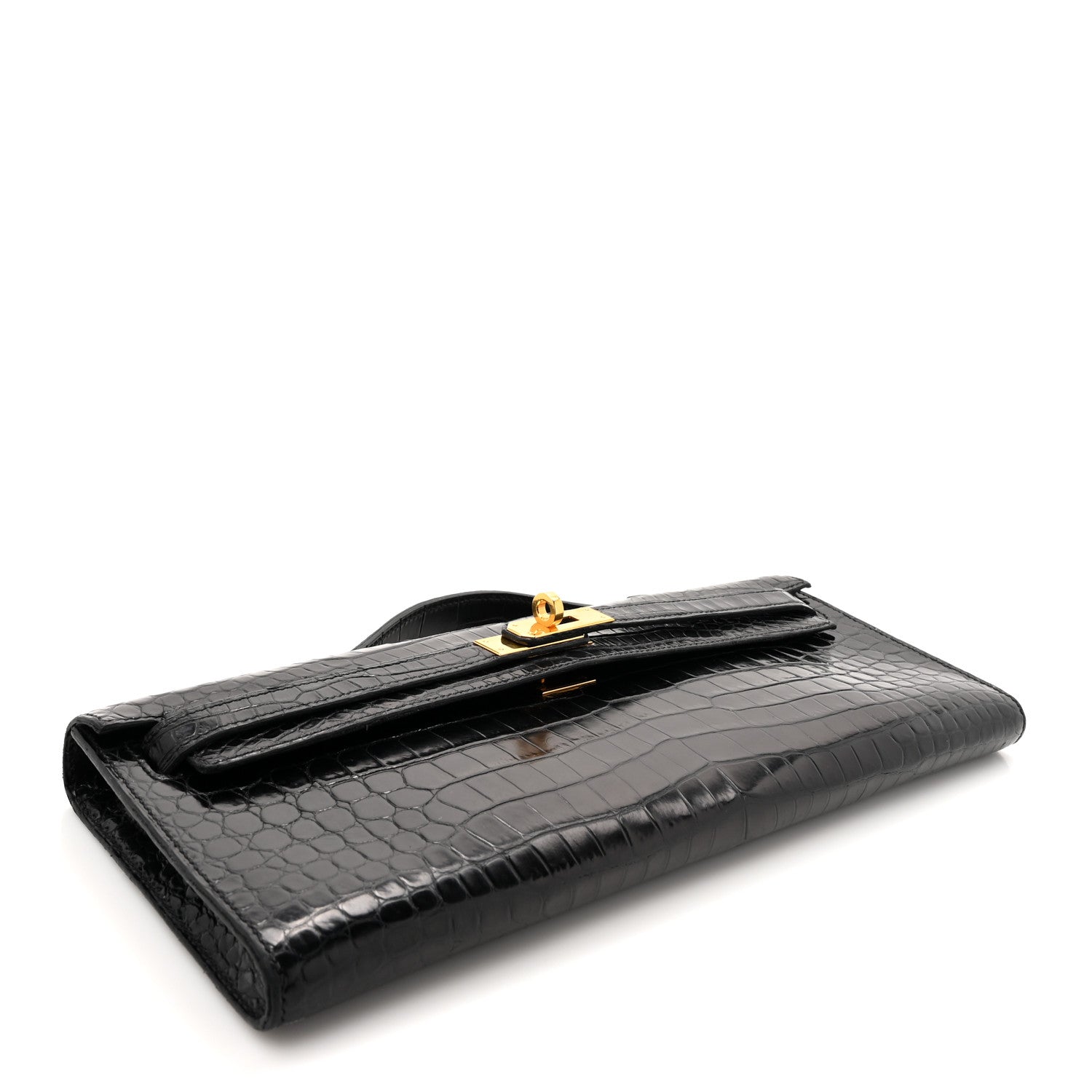 Hermes Shiny Porosus Crocodile Kelly Cut Pochette Black 4 of 10