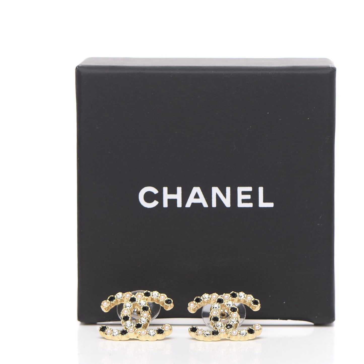 Resin Pearl Crystal CC Earrings Gold Black