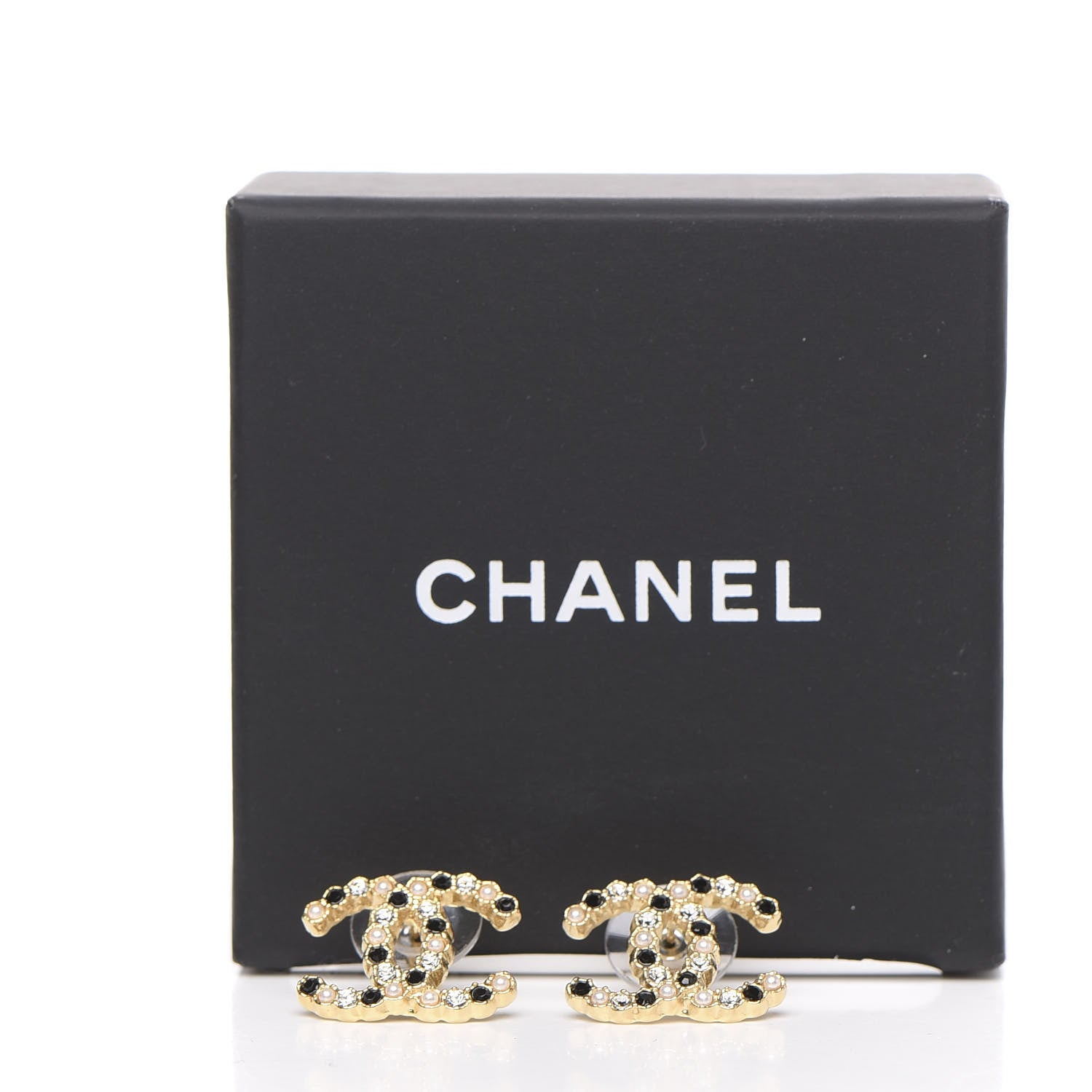 Chanel Resin Pearl Crystal CC Earrings Gold Black 5 of 5