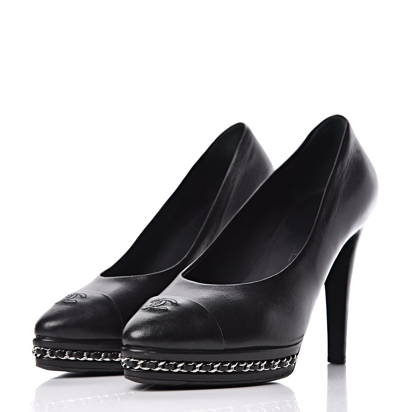 Lambskin CC Cap Toe Platform Chain Pumps 39 Black