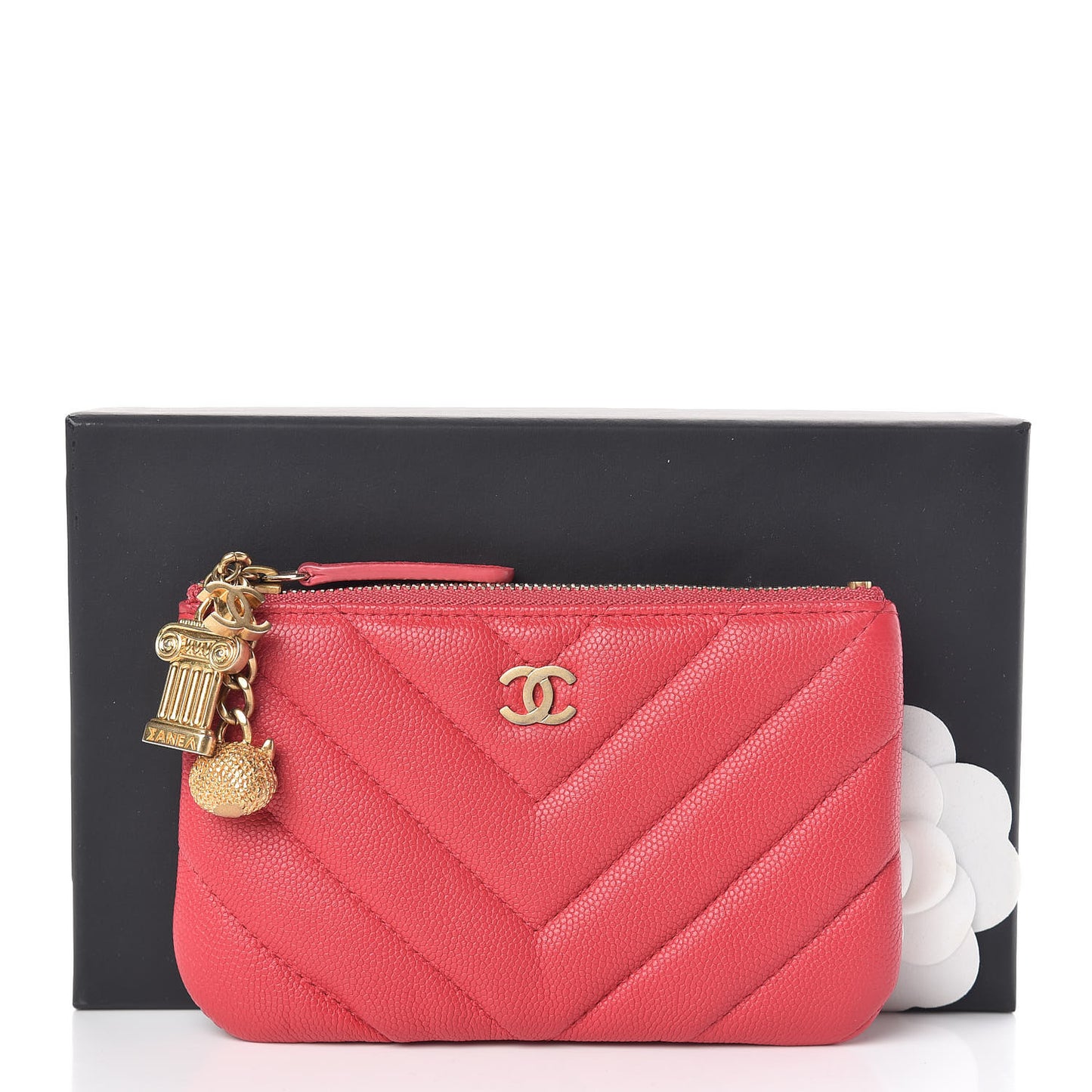 Caviar Chevron Quilted Small Ancient Greek Charms Cosmetic Case Dark Pink