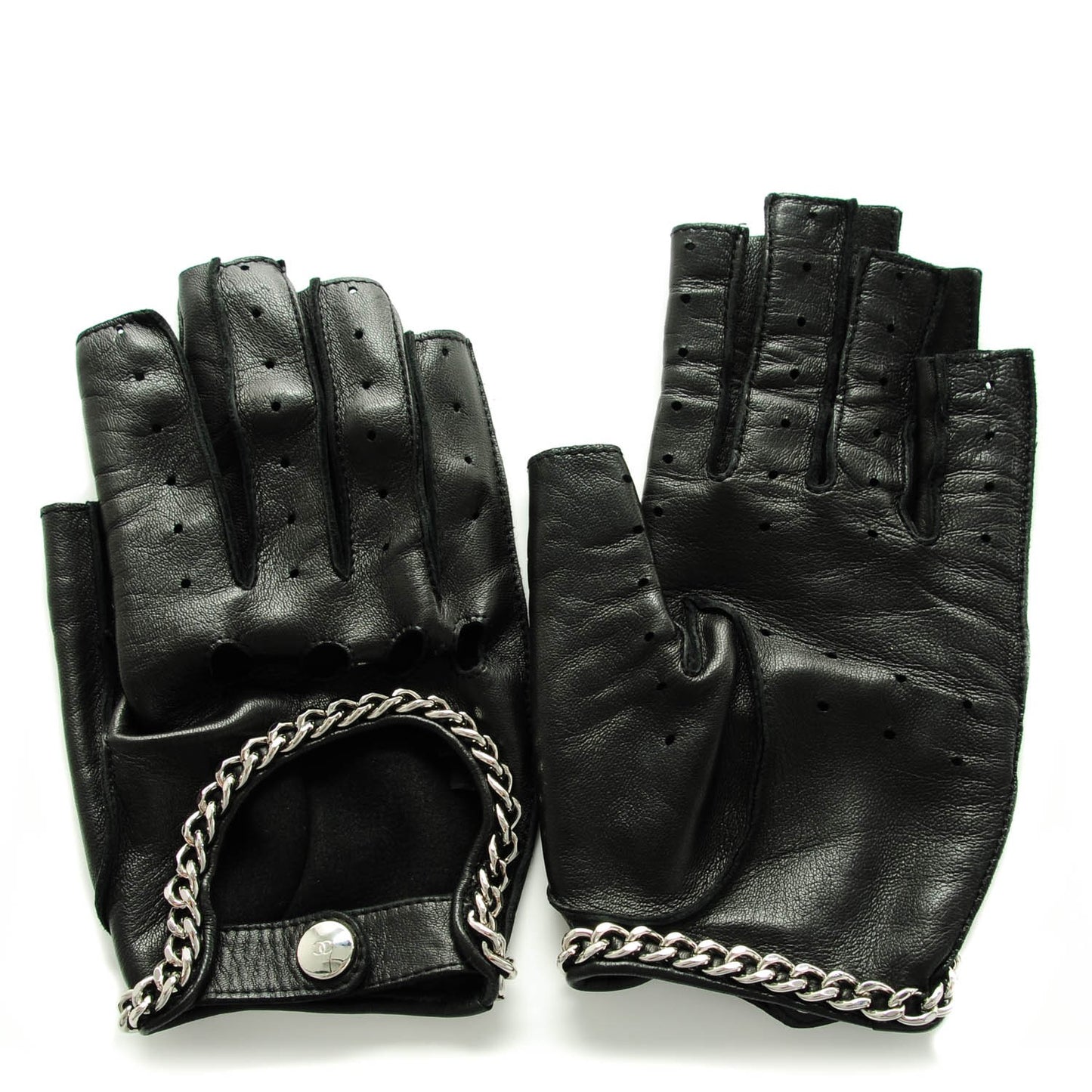 Lambskin Perforated Fingerless Chain CC Gloves 7.5 Black