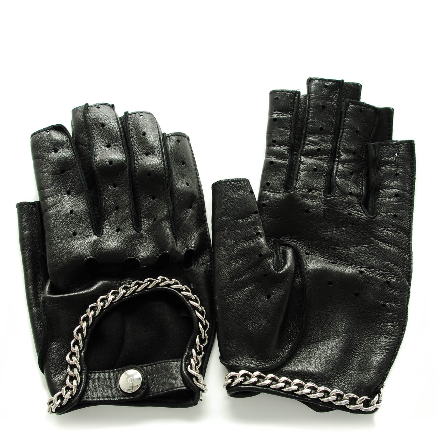 Chanel Lambskin Perforated Fingerless Chain CC Gloves 7.5 Black 1 of 7