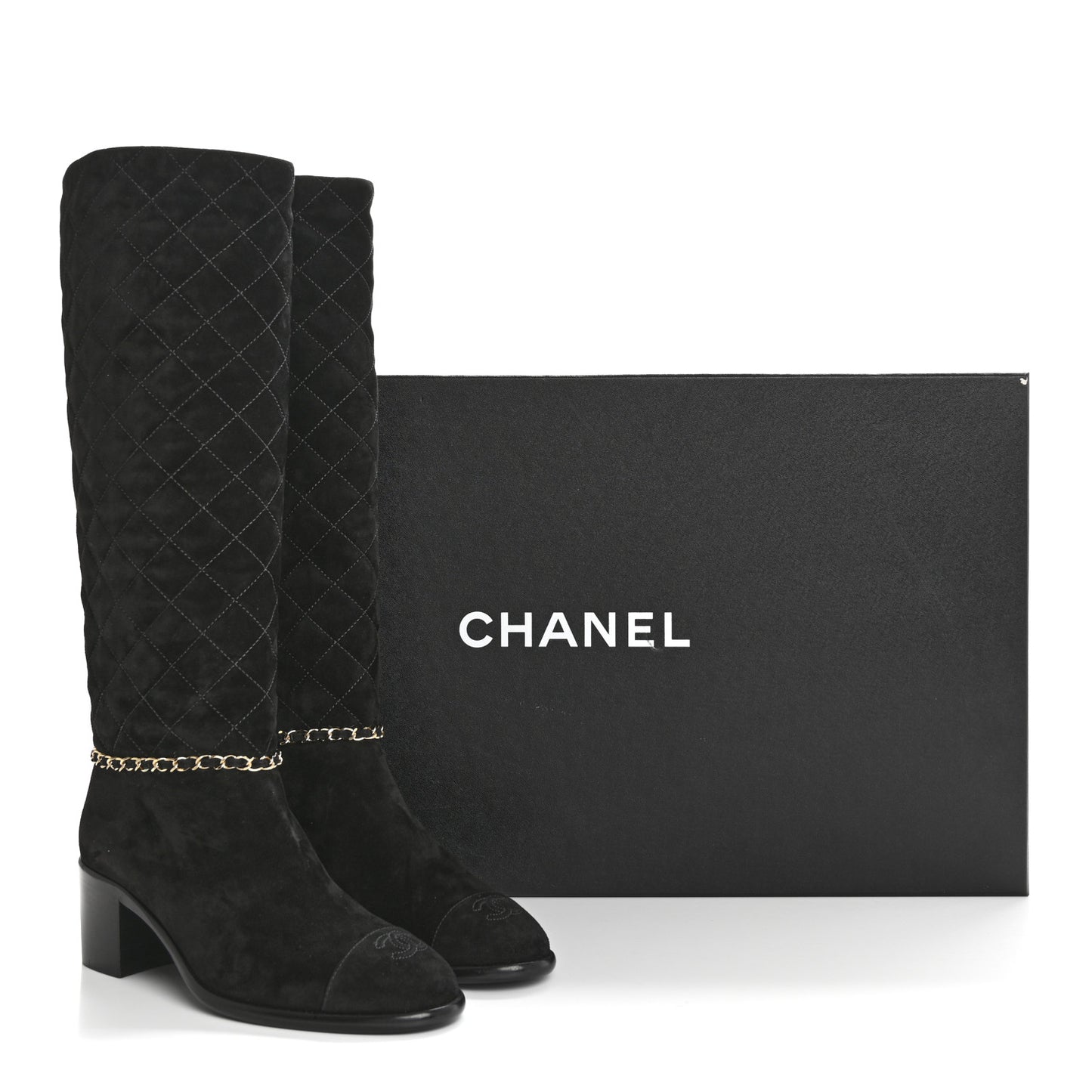 Suede Calfskin Quilted Chain Knee High Boots 39 Black