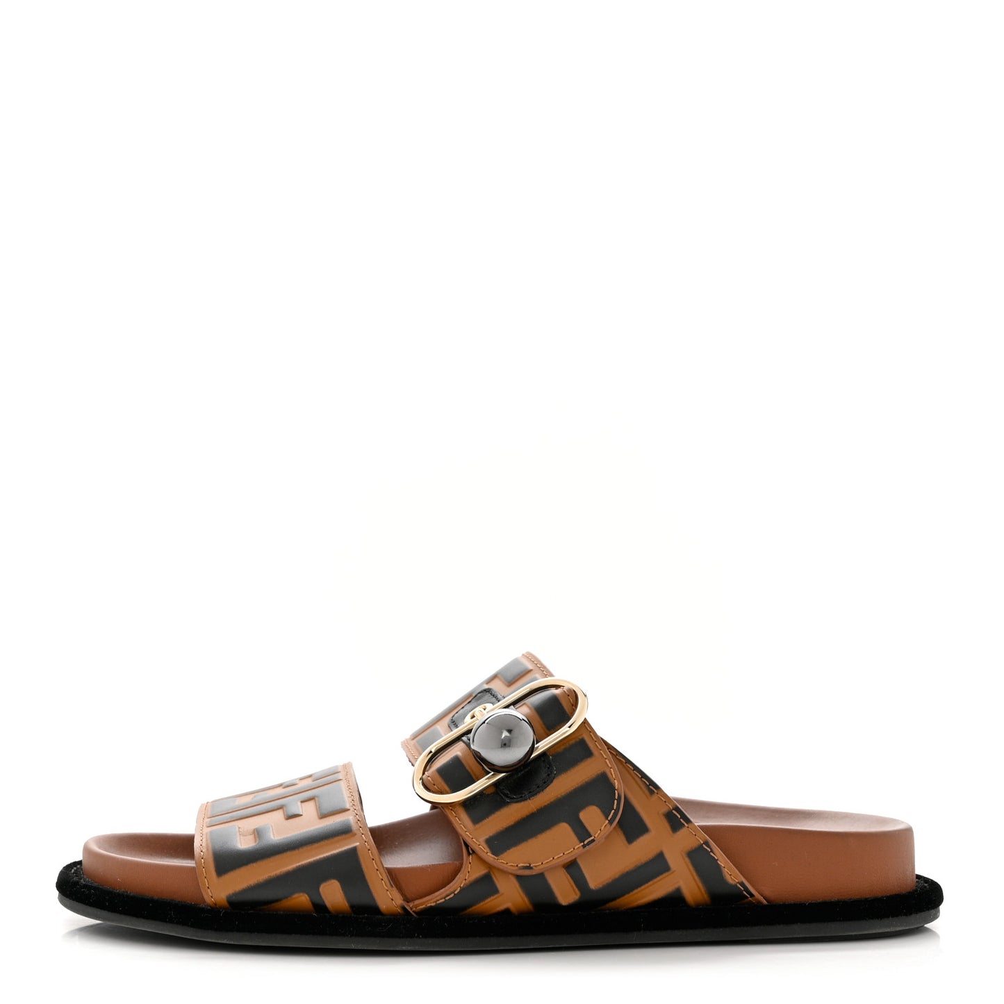 Calfskin FF Embossed Pearland Slide Sandals 35 Tobacco Moro