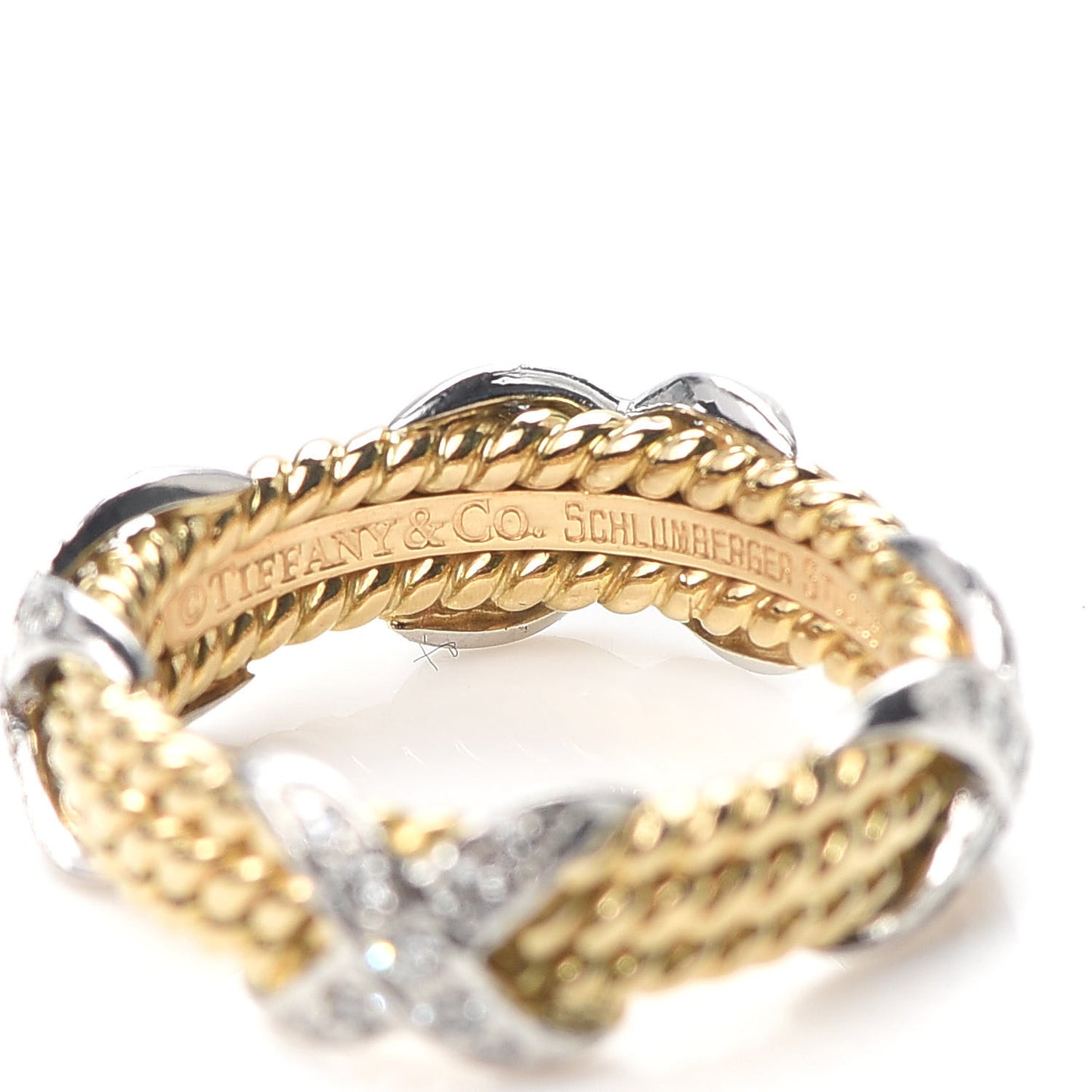 18K Yellow Gold Platinum Diamond Schlumberger Rope 3 Row X Ring 48 4.5
