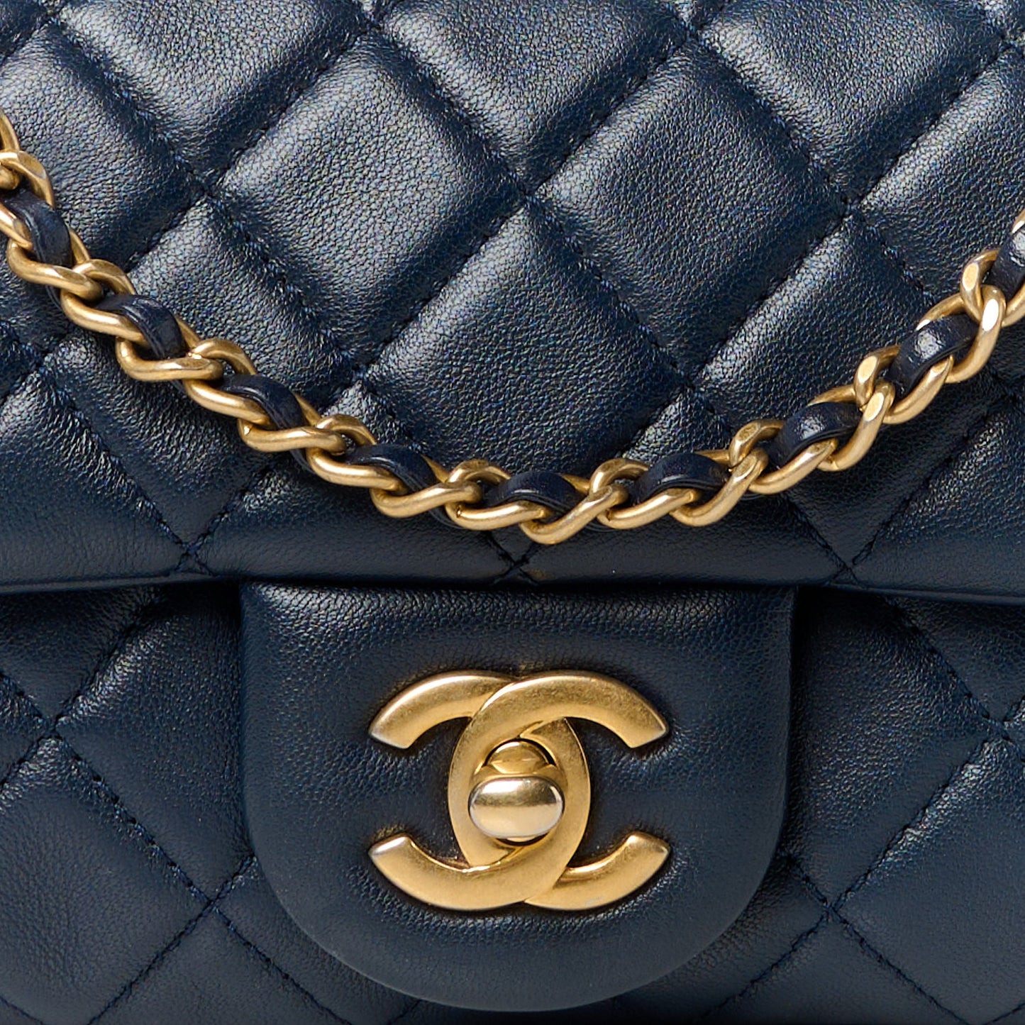 Lambskin Quilted Mini Pearl Crush Rectangular Flap Navy Blue