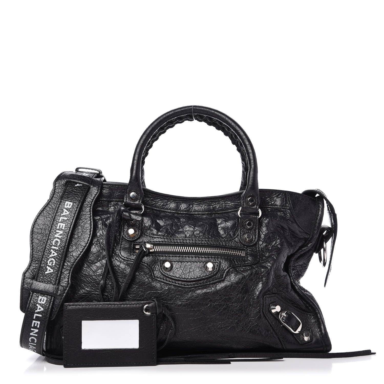 Balenciaga Agneau Classic Silver Hardware S City Logo Strap Black White 1 of 9