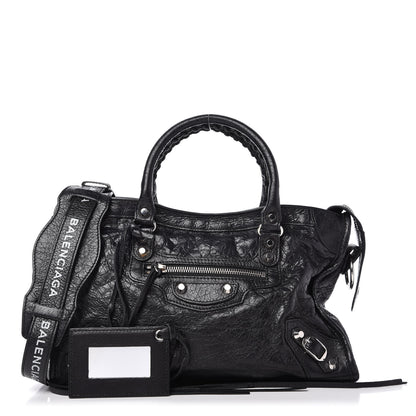 Balenciaga Agneau Classic Silver Hardware S City Logo Strap Black White 1 of 9