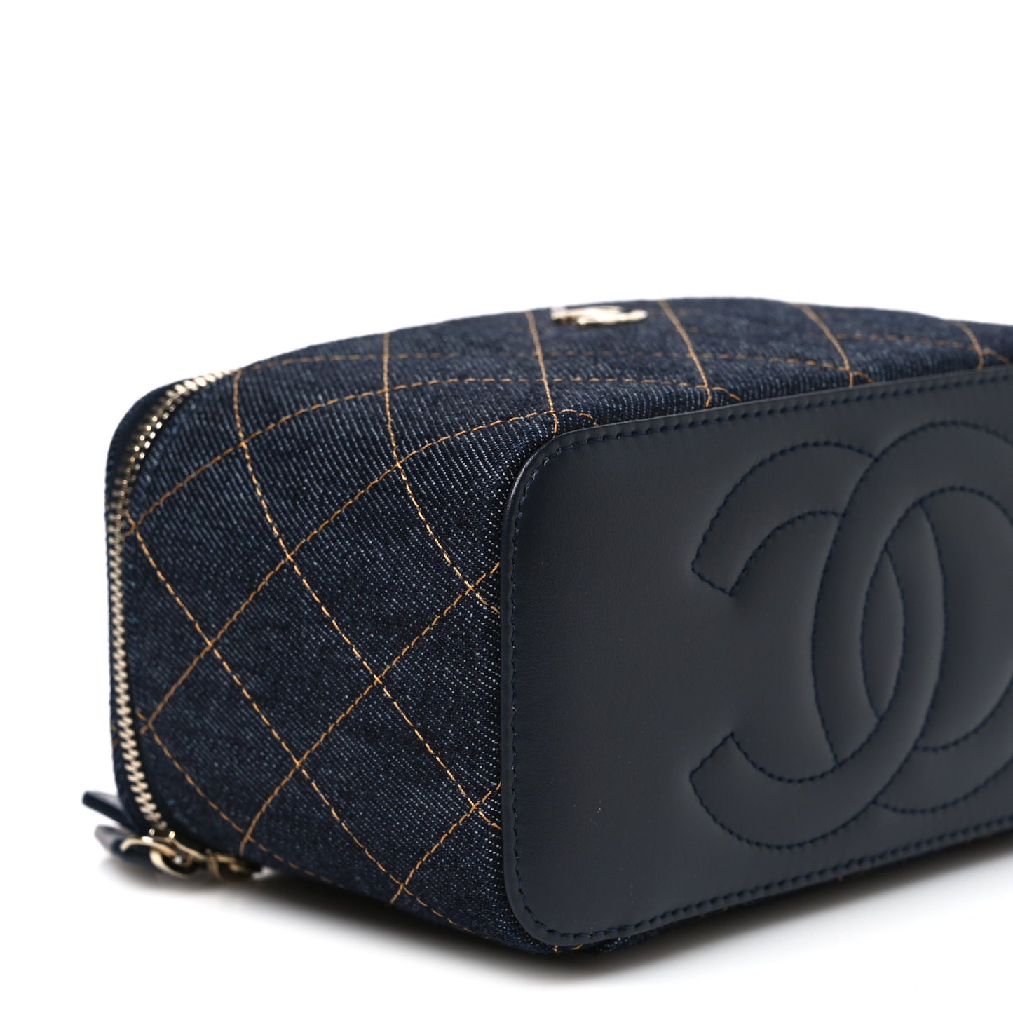 Denim Quilted Small Vanity Case With Chain Dark Blue Orange