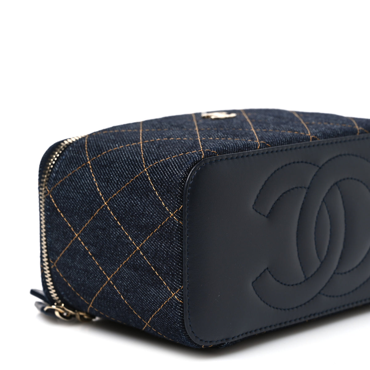 Denim Quilted Small Vanity Case With Chain Dark Blue Orange
