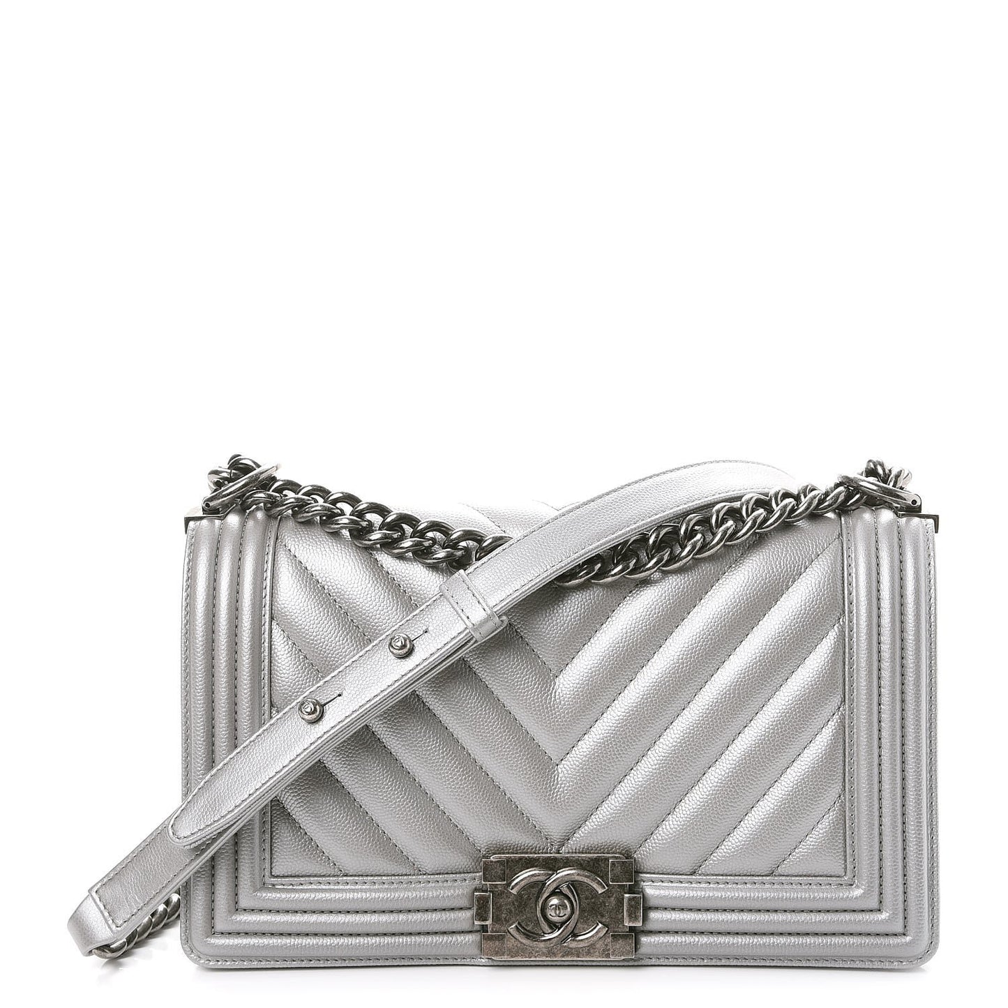 Metallic Caviar Chevron Quilted Medium Boy Flap Silver