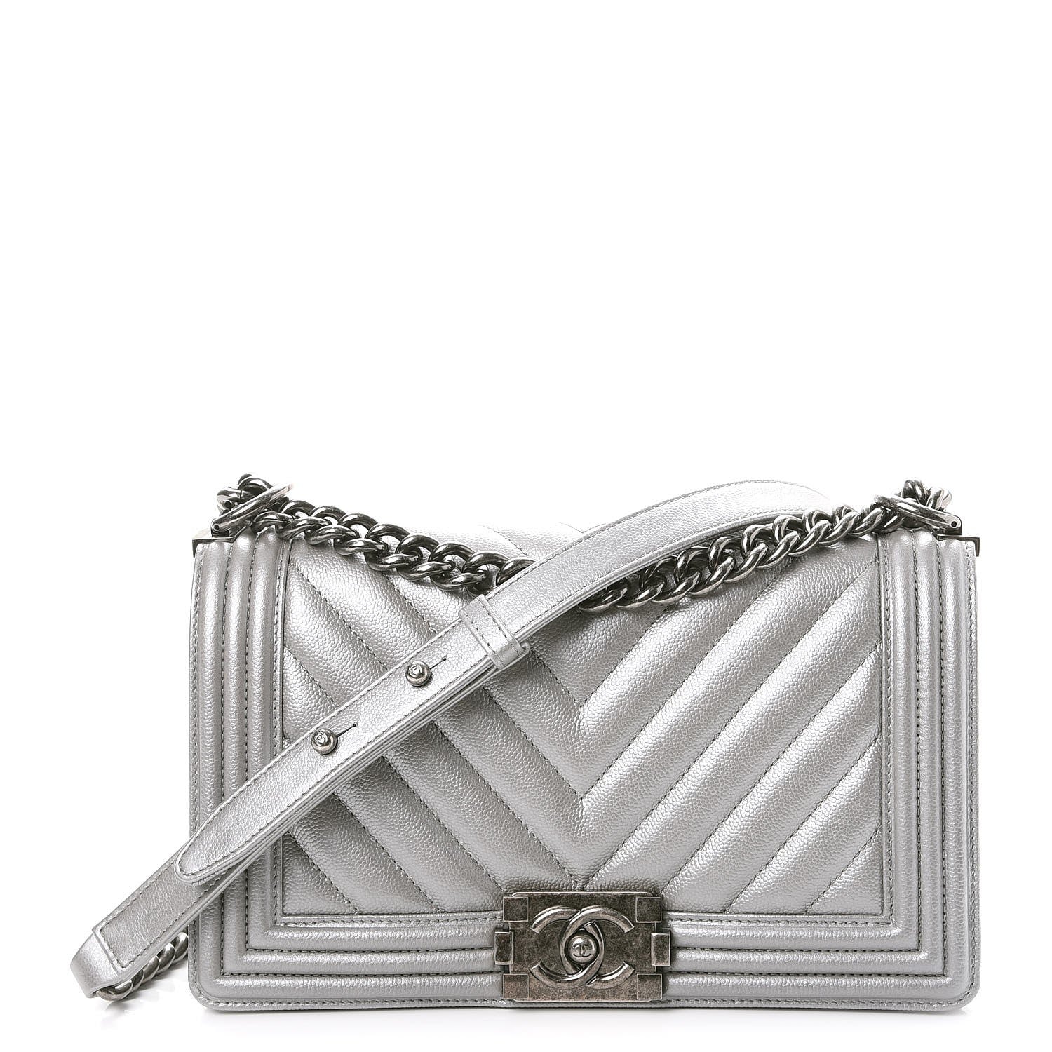 Chanel Metallic Caviar Chevron Quilted Medium Boy Flap Silver 1 of 7
