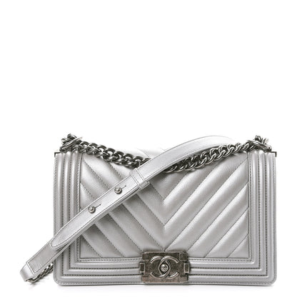 Chanel Metallic Caviar Chevron Quilted Medium Boy Flap Silver 1 of 7