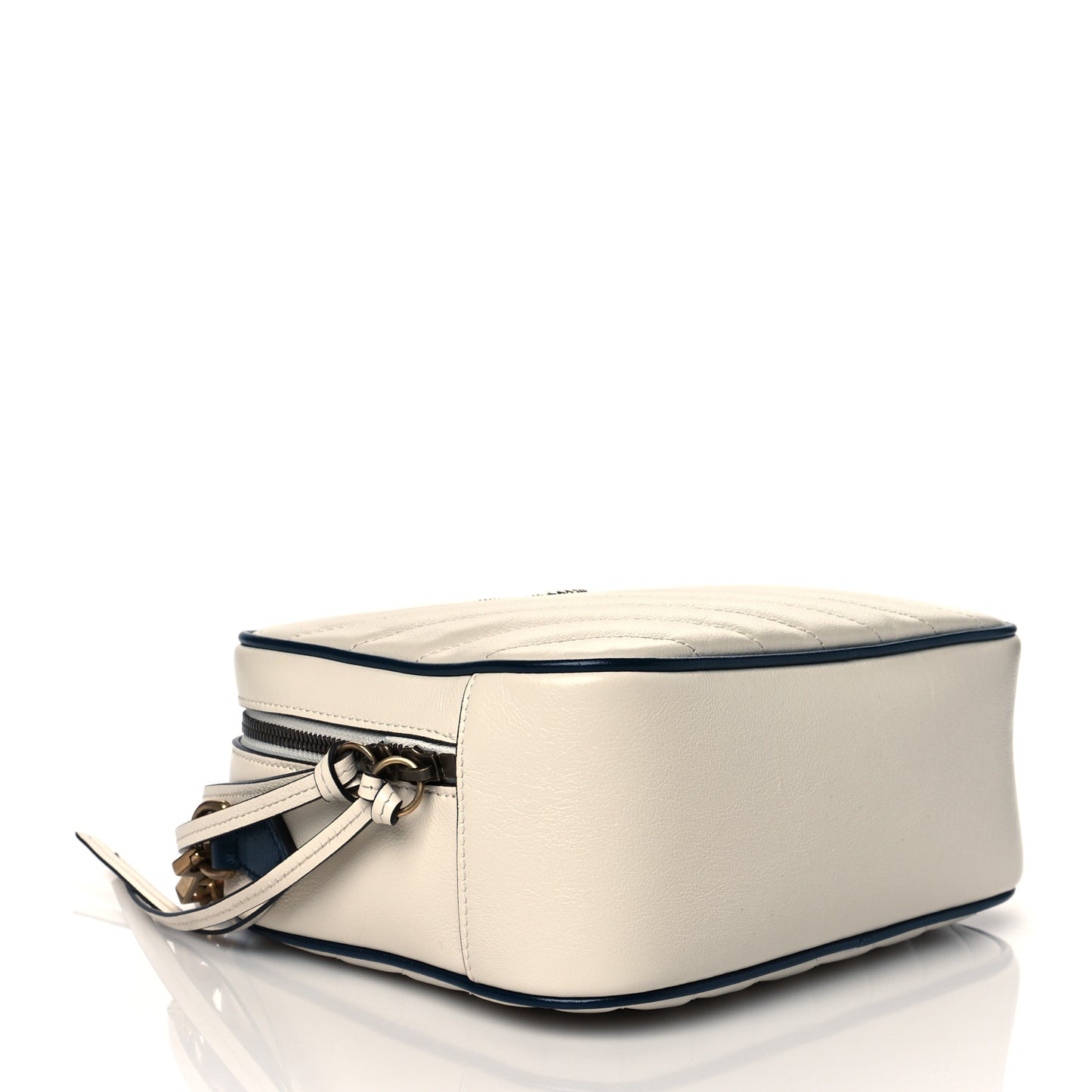 Vintage Effect Calfskin Matelasse Diagonal Small Torchon GG Marmont Bamboo Top Handle Shoulder Bag Mystic White Blue Agata
