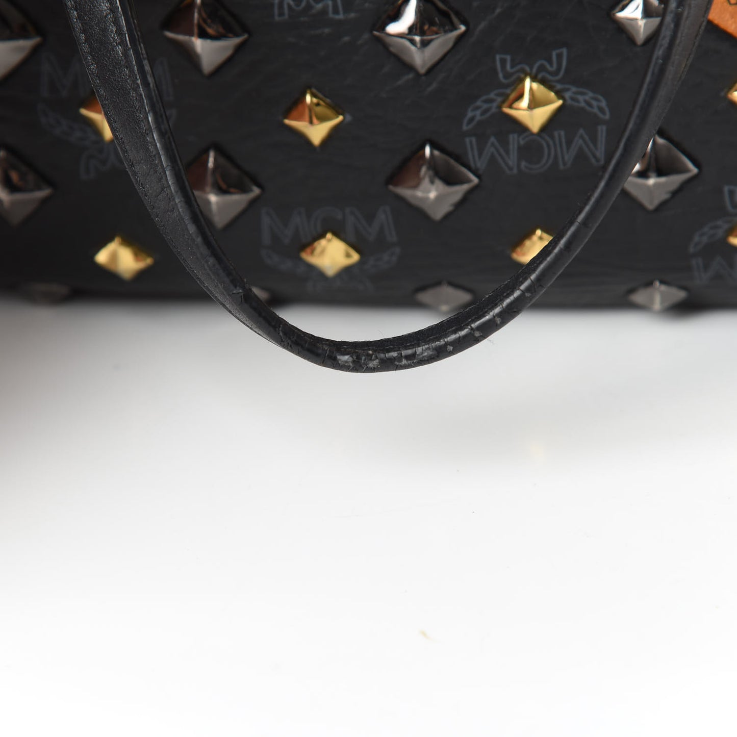 Visetos Studded Medium Bi-Color Shopper Tote Black Cognac