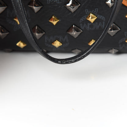 MCM Visetos Studded Medium Bi-Color Shopper Tote Black Cognac 14 of 15