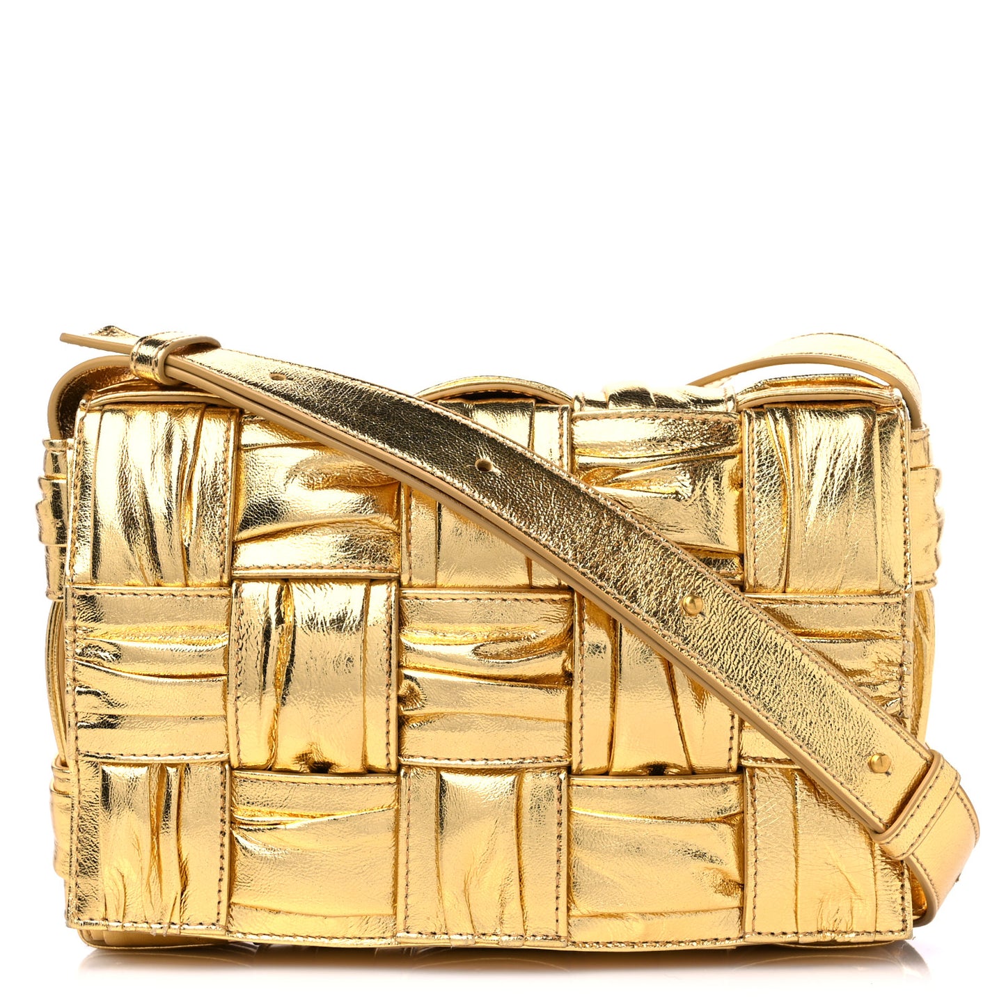 Metallic Calfskin Intreccio Plisse Cassette Crossbody Bag Gold