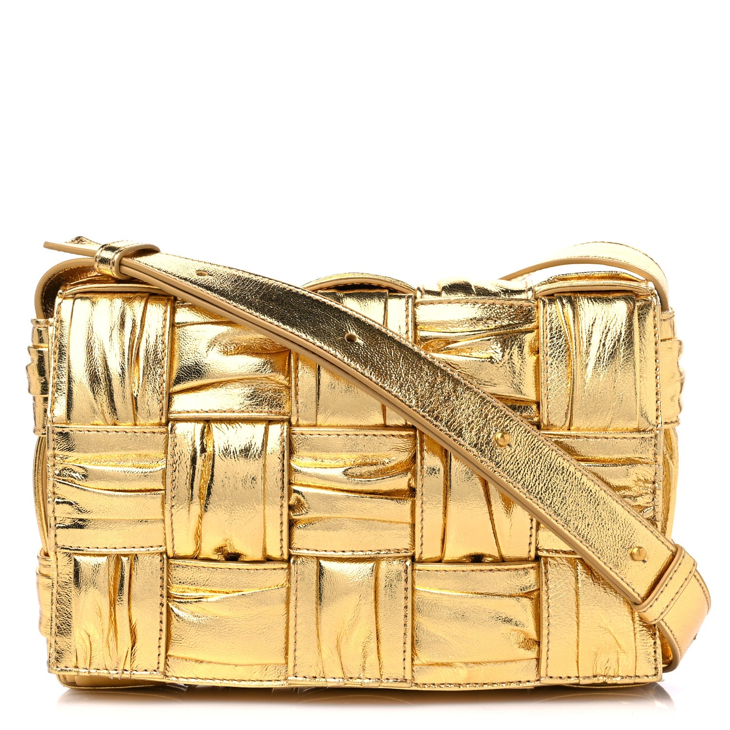 Bottega Veneta Metallic Calfskin Intreccio Plisse Cassette Crossbody Bag Gold 1 of 8