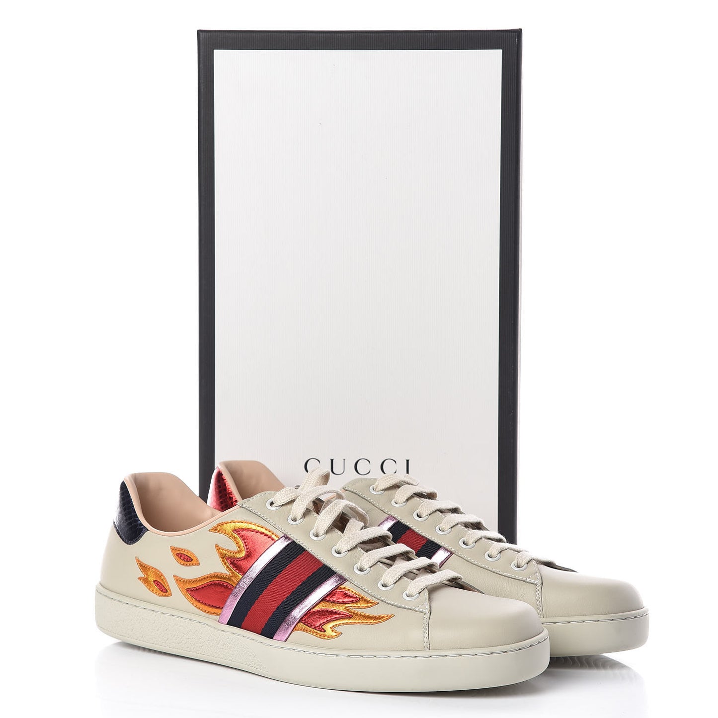 Calfskin Ayers Web Flames Embroidered Mens Ace Sneakers 10 Off White