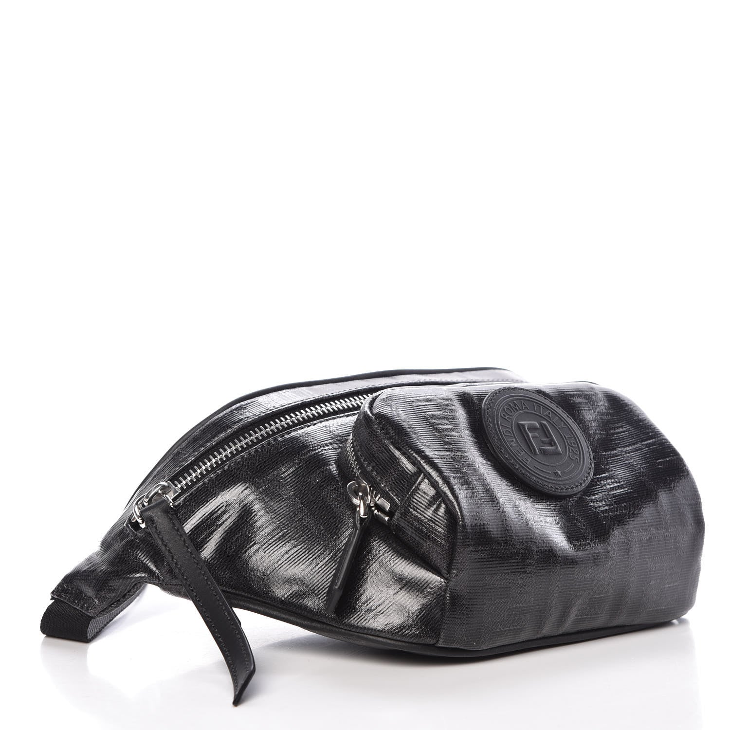 Fendi Glazed Fabric Vitello Century FF 1974 Stamp Patch Pocket Belt Bag Black 5 of 10