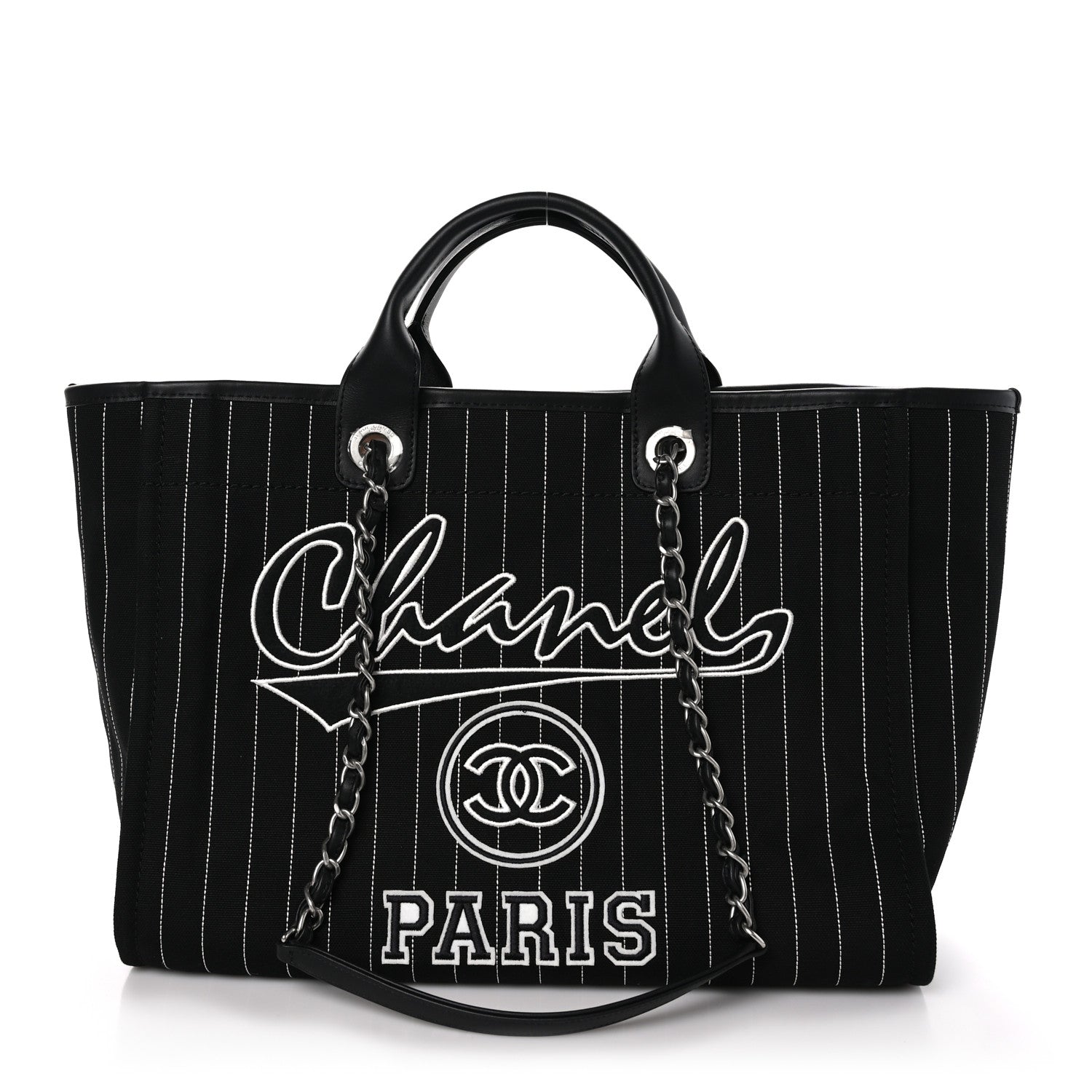 Chanel Canvas Calfskin Striped Medium Deauville Tote Black White 1 of 11