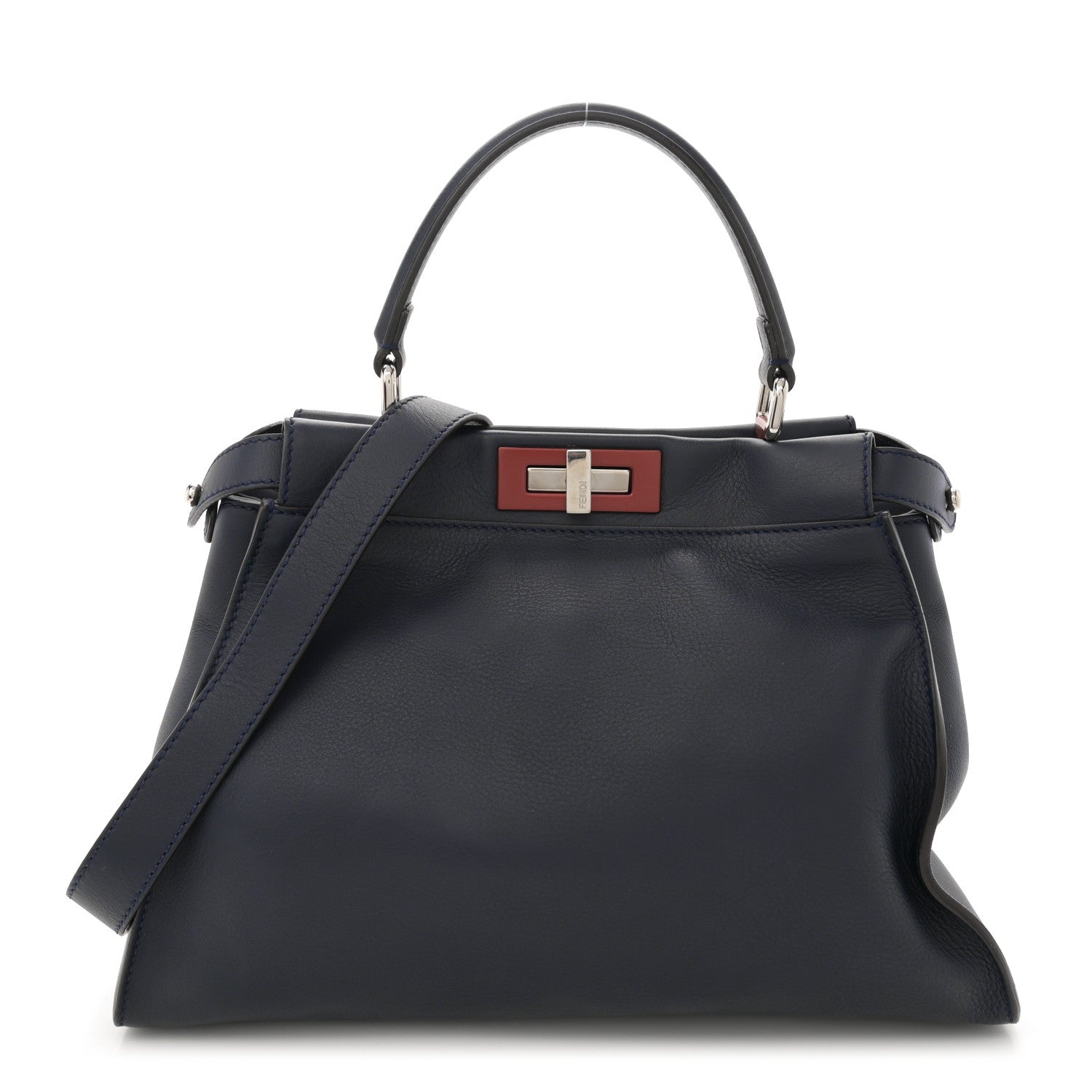 Fendi Vitello Seta Shiny Nappa Medium Peekaboo Iconic Satchel Blue Notte Ardesia 1 of 12